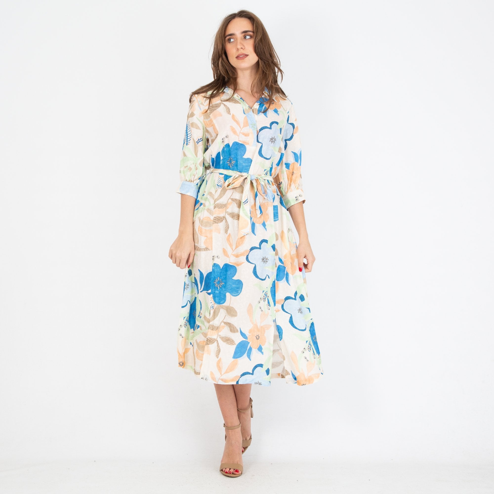 Mos Mosh Rylee Botanic Blown Floral Print Belted Shirt Dress Ecru Multi