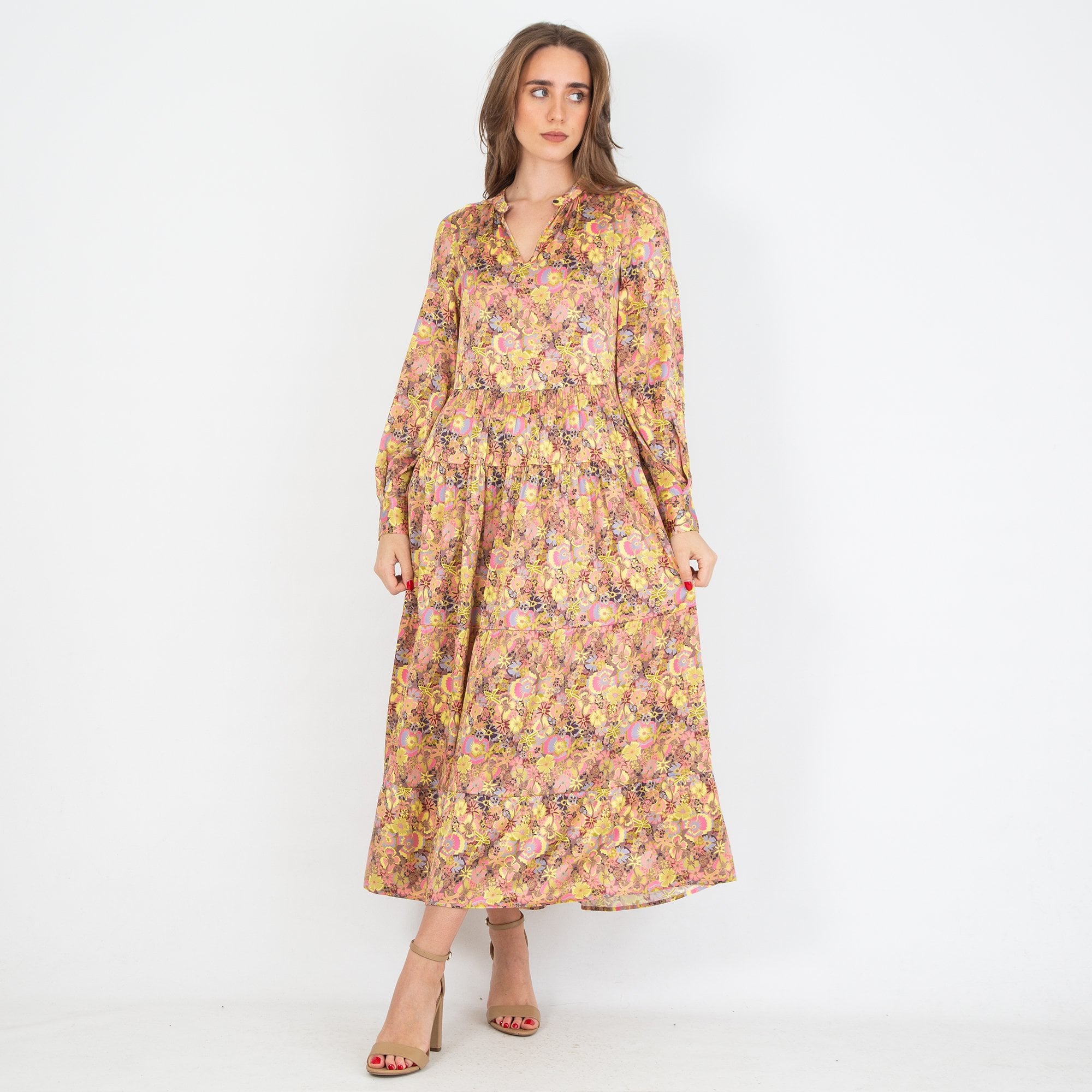 Dea Kudibal Seraphina Keyhole Button Neck Floral Tiered Silk Dress Freesia Canary