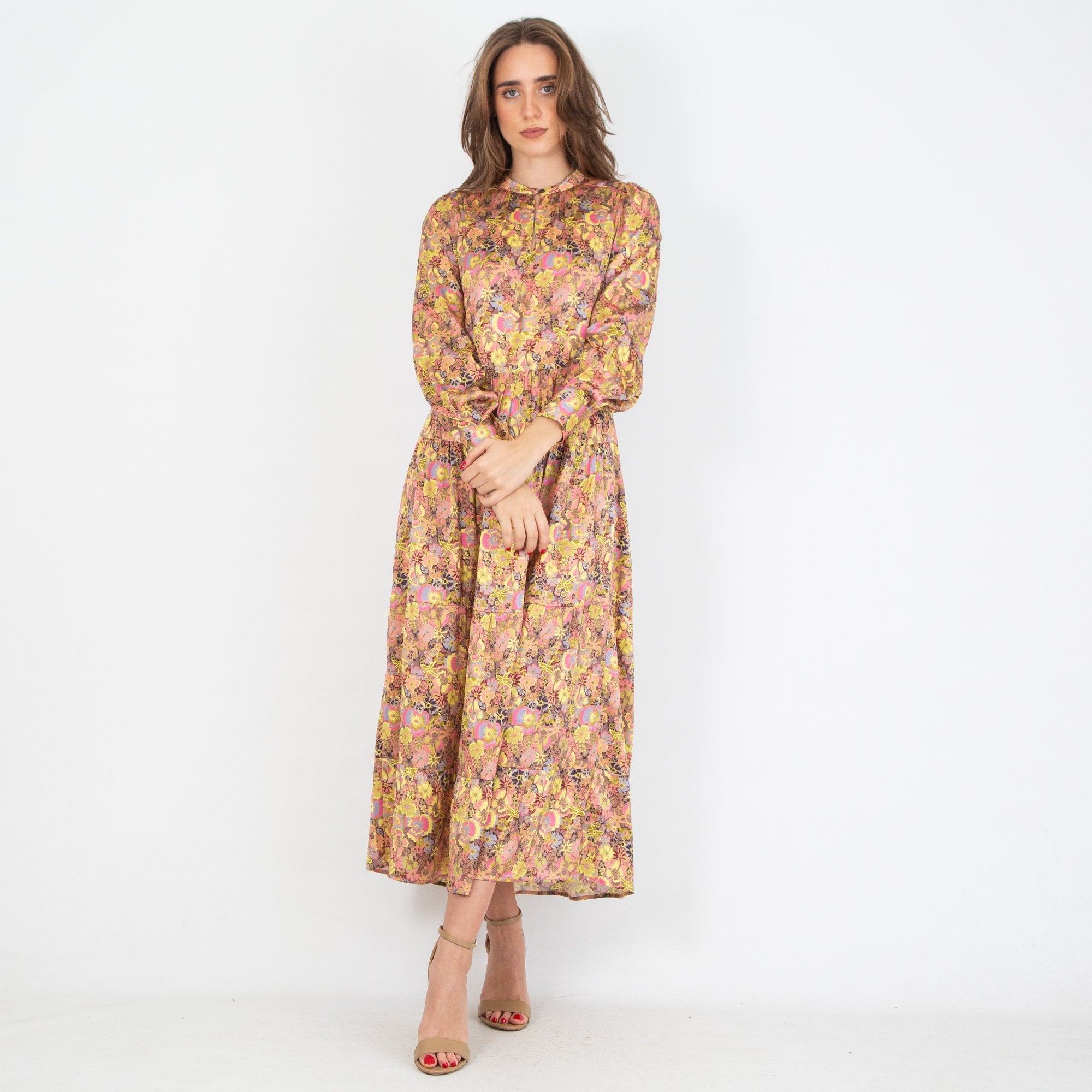 Dea Kudibal Seraphina Keyhole Button Neck Floral Tiered Silk Dress Freesia Canary