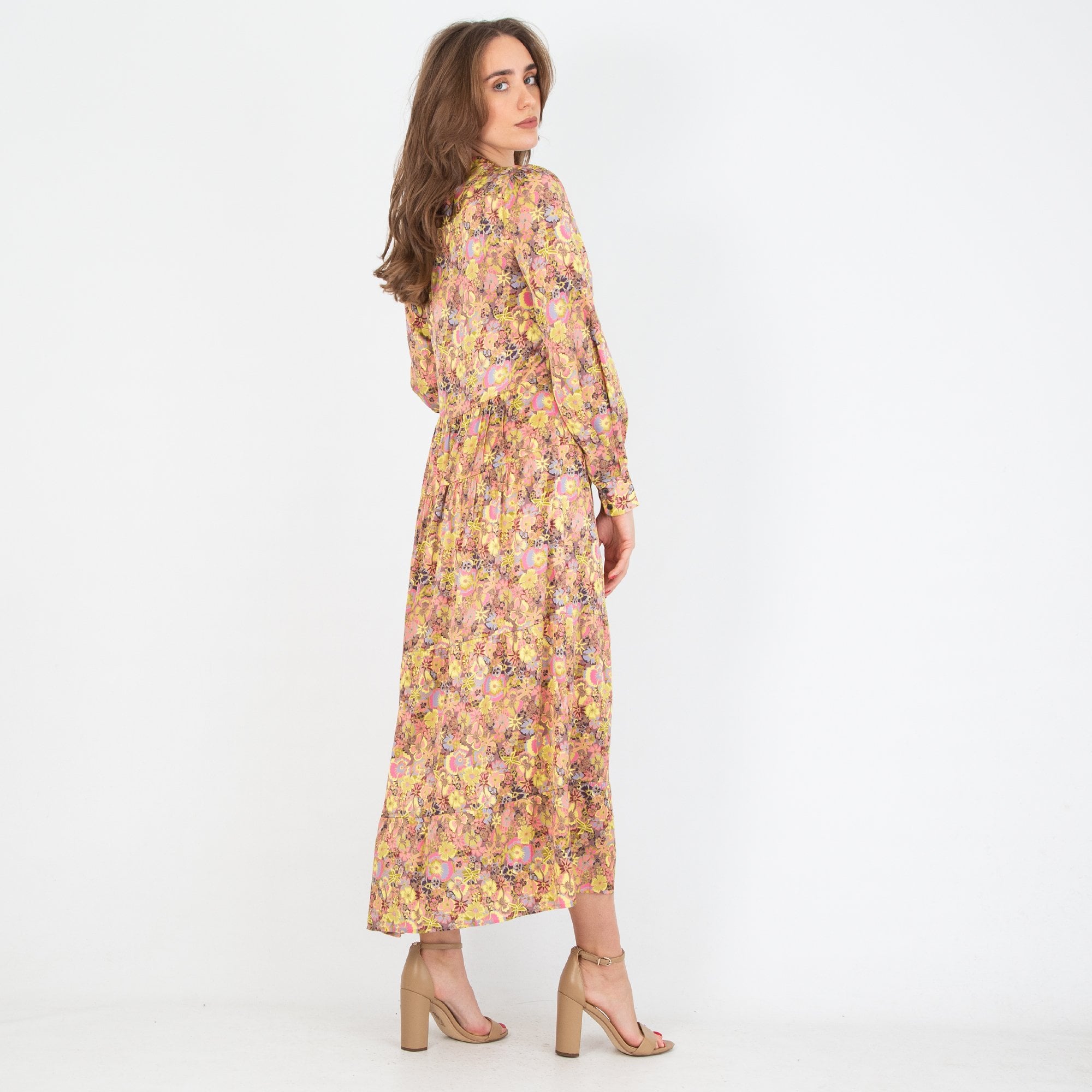 Dea Kudibal Seraphina Keyhole Button Neck Floral Tiered Silk Dress Freesia Canary