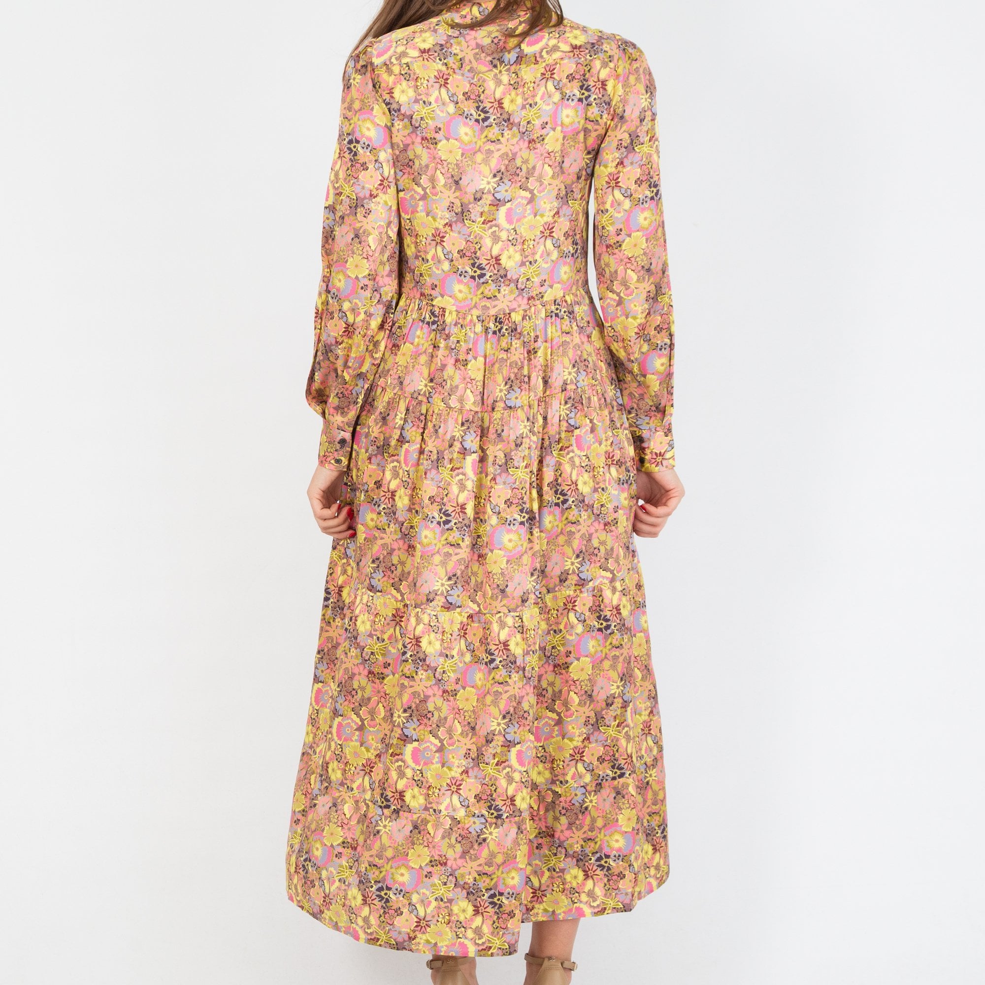 Dea Kudibal Seraphina Keyhole Button Neck Floral Tiered Silk Dress Freesia Canary