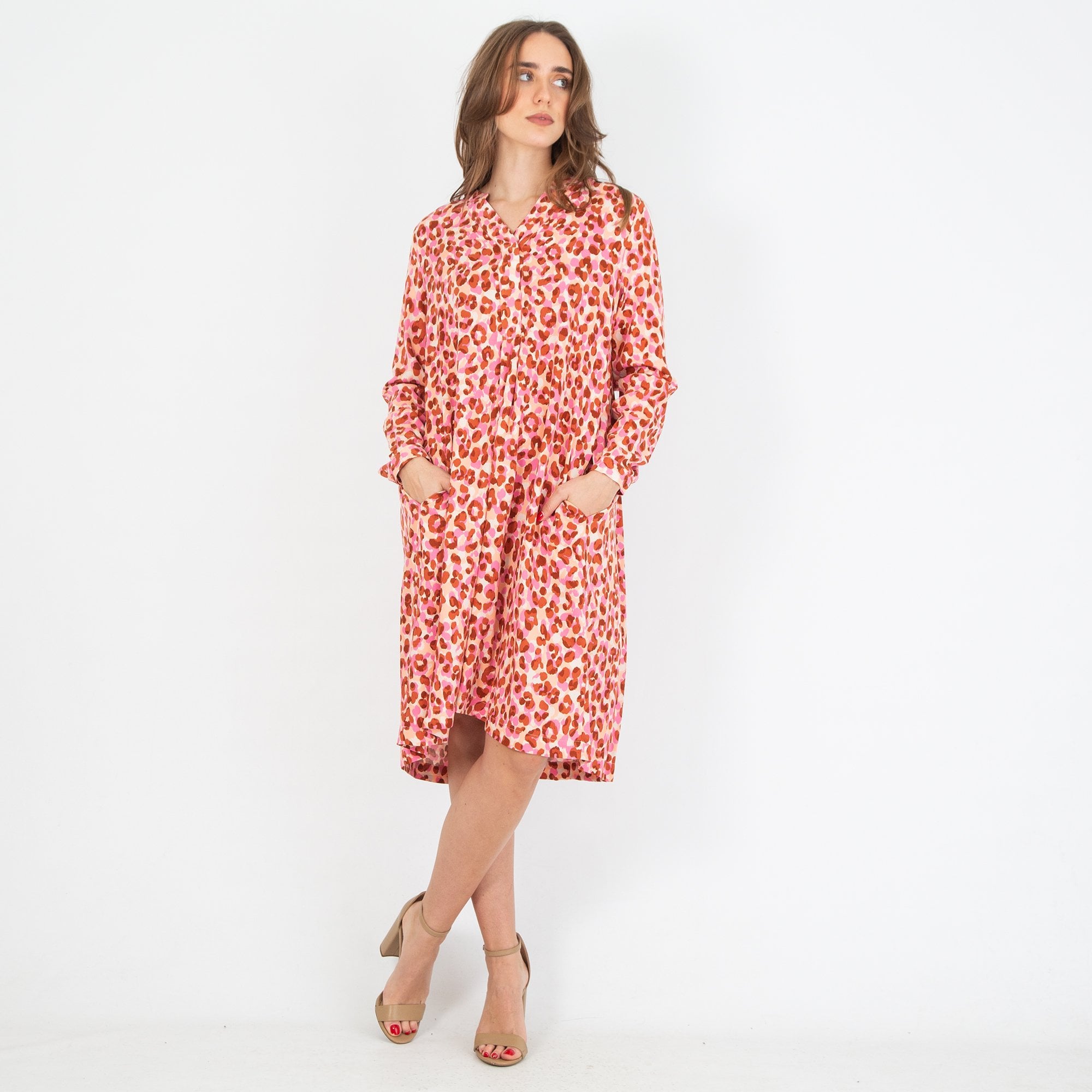 Milano Italy Petal Print Pleat Back Midi Dress Multi/Pink