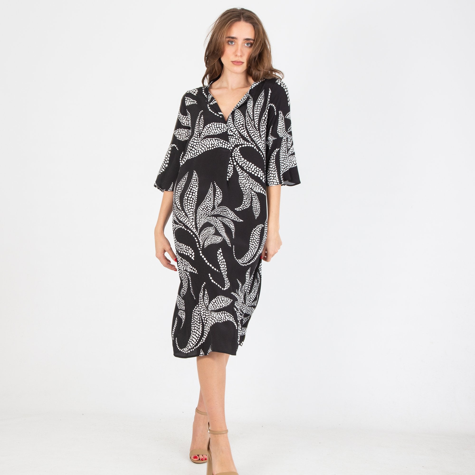 Doris Streich Floral Spot Print V Neck Dress Black/white