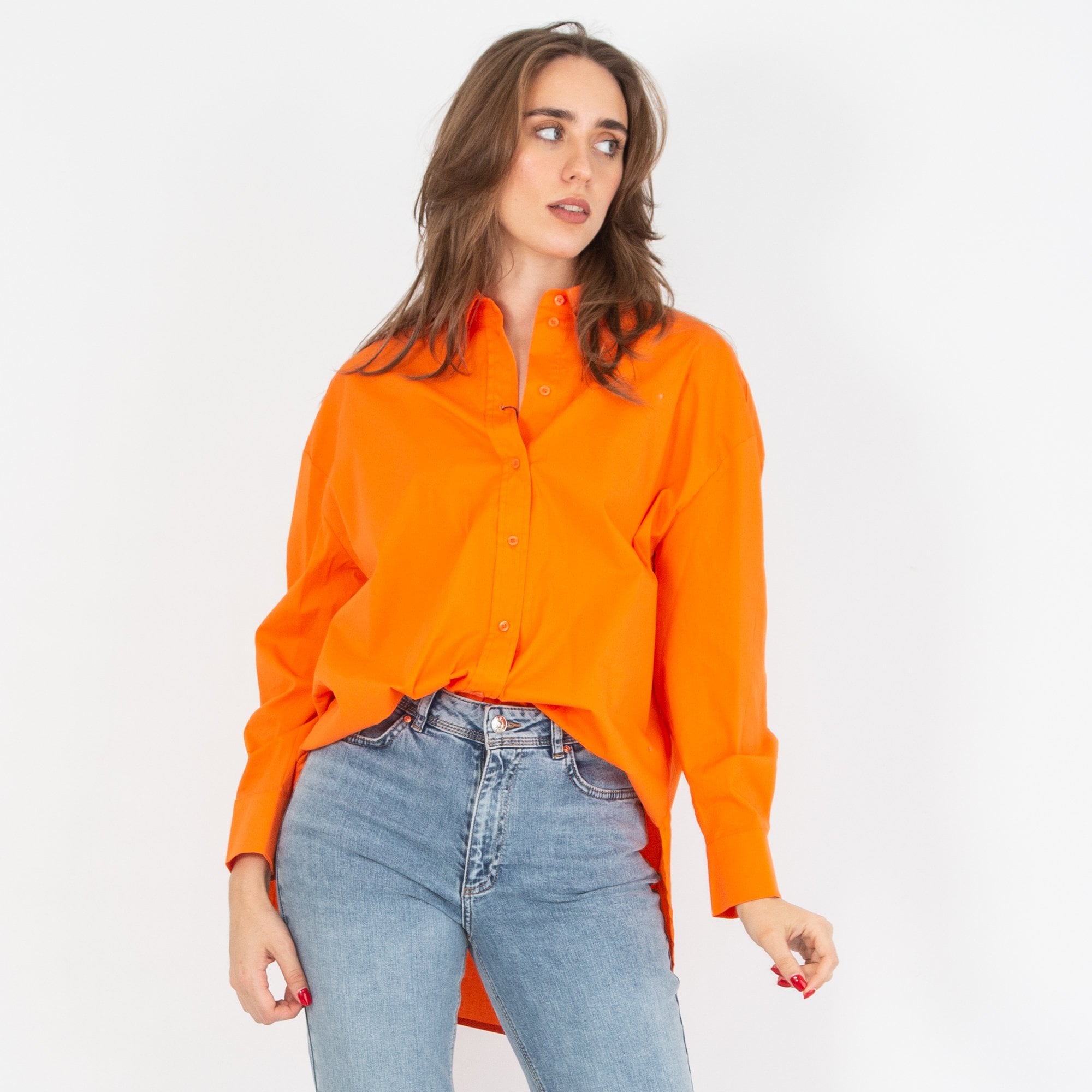 Oui Oversized Dip Back Cotton Shirt Orange