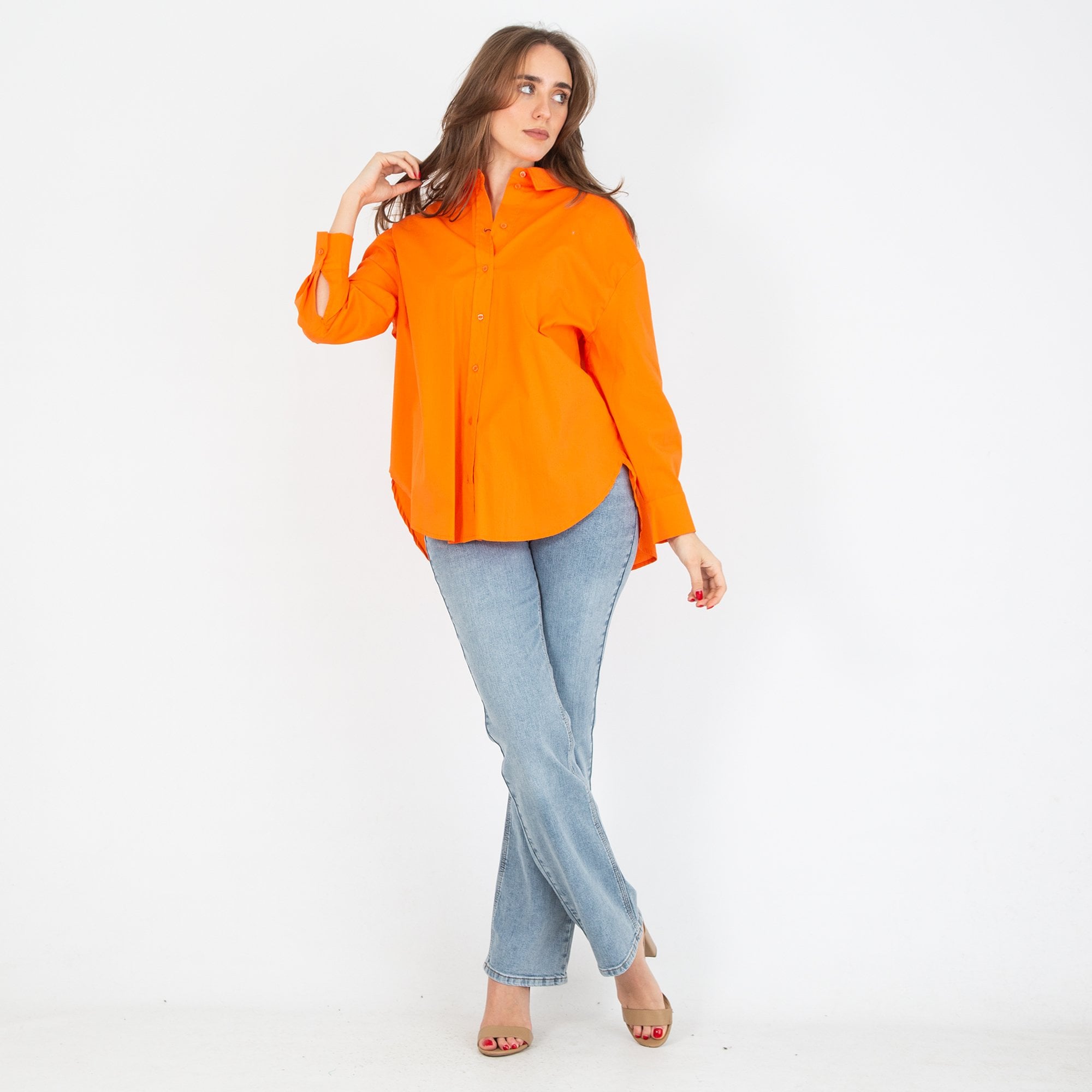 Oui Oversized Dip Back Cotton Shirt Orange