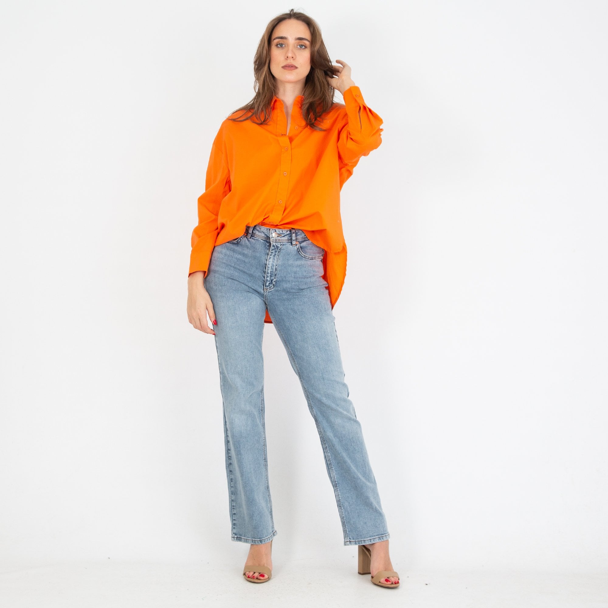 Oui Oversized Dip Back Cotton Shirt Orange
