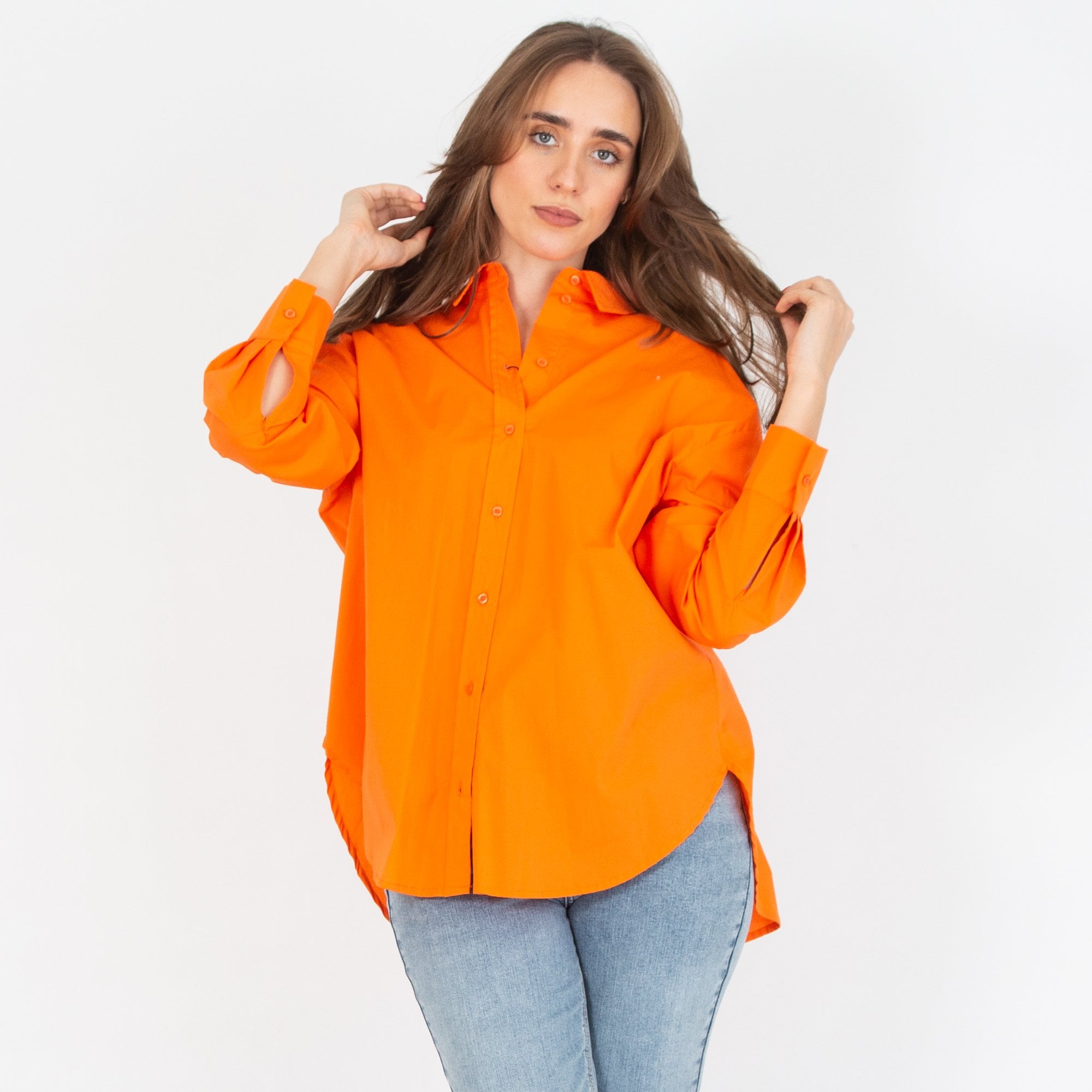 Oui Oversized Dip Back Cotton Shirt Orange