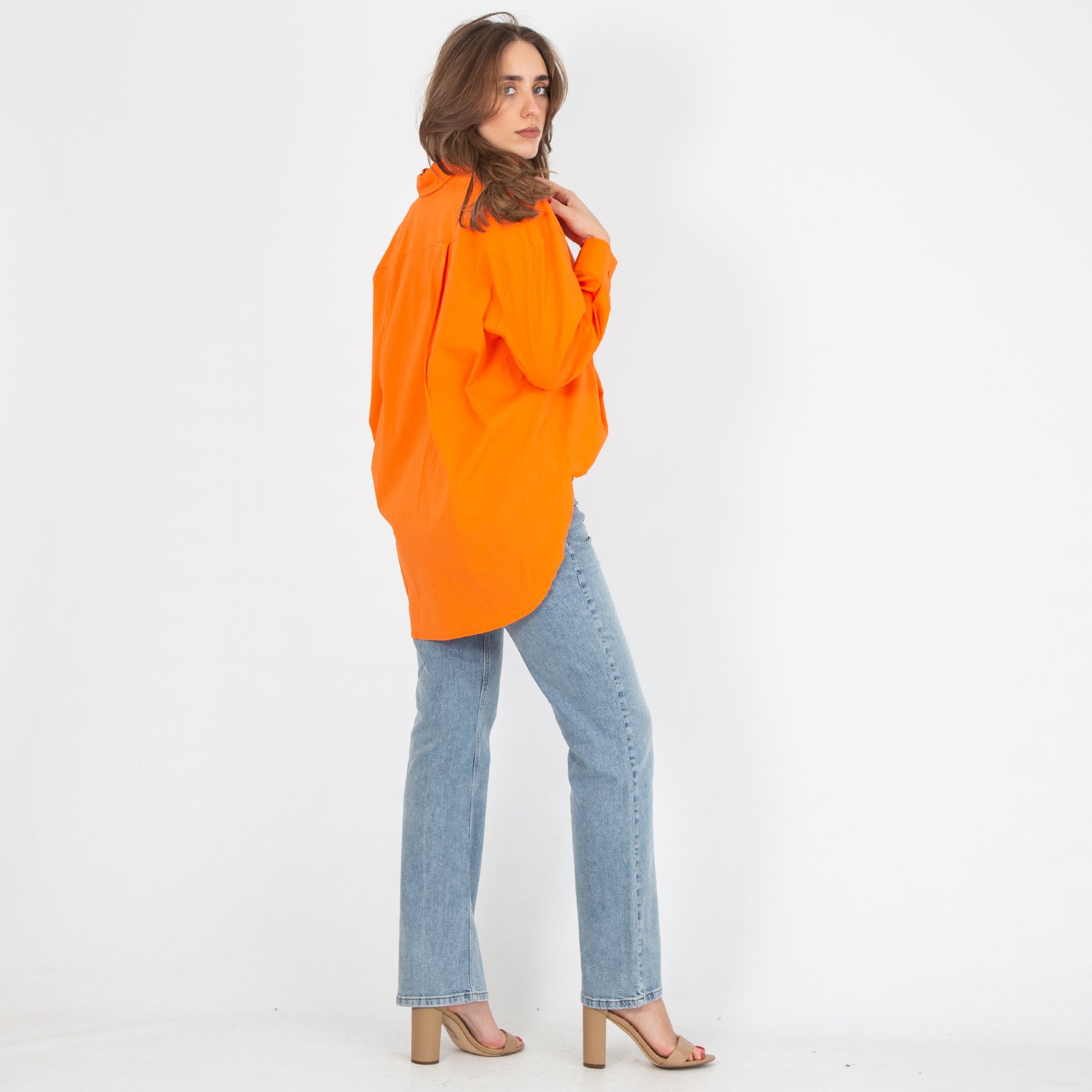 Oui Oversized Dip Back Cotton Shirt Orange