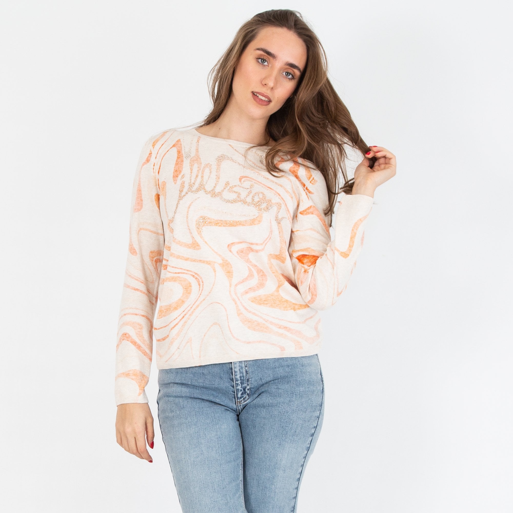 Oui Swirl Print Diamonte Round Neck Jumper Off White/orange