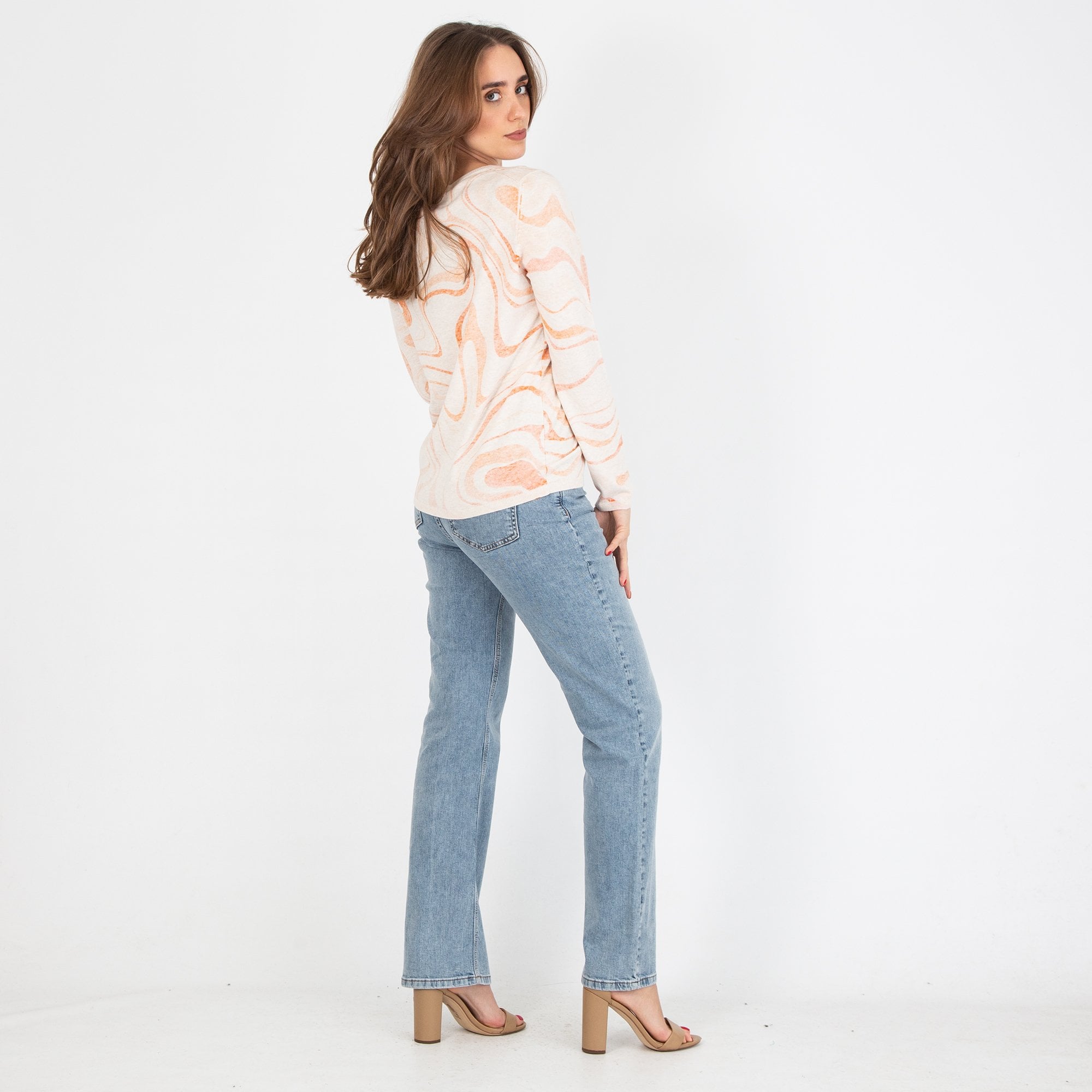 Oui Swirl Print Diamonte Round Neck Jumper Off White/orange