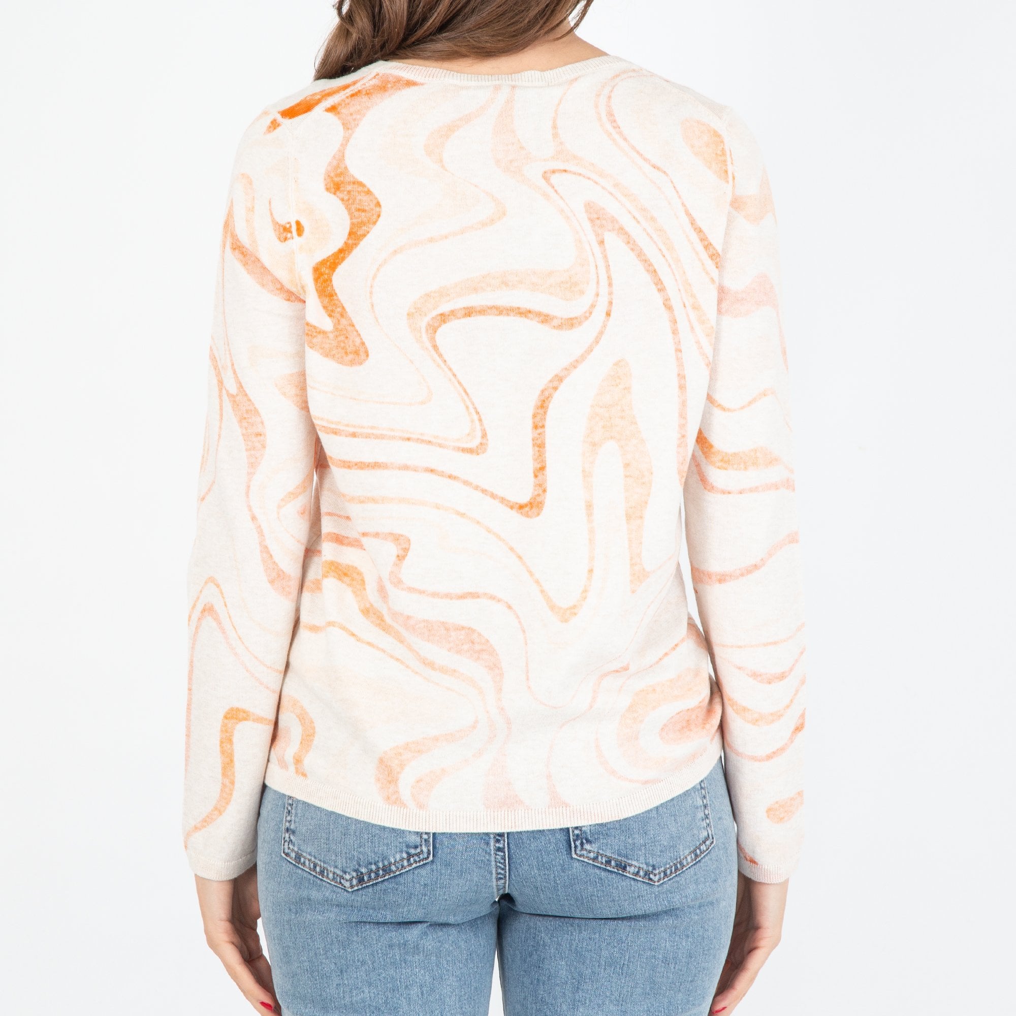 Oui Swirl Print Diamonte Round Neck Jumper Off White/orange