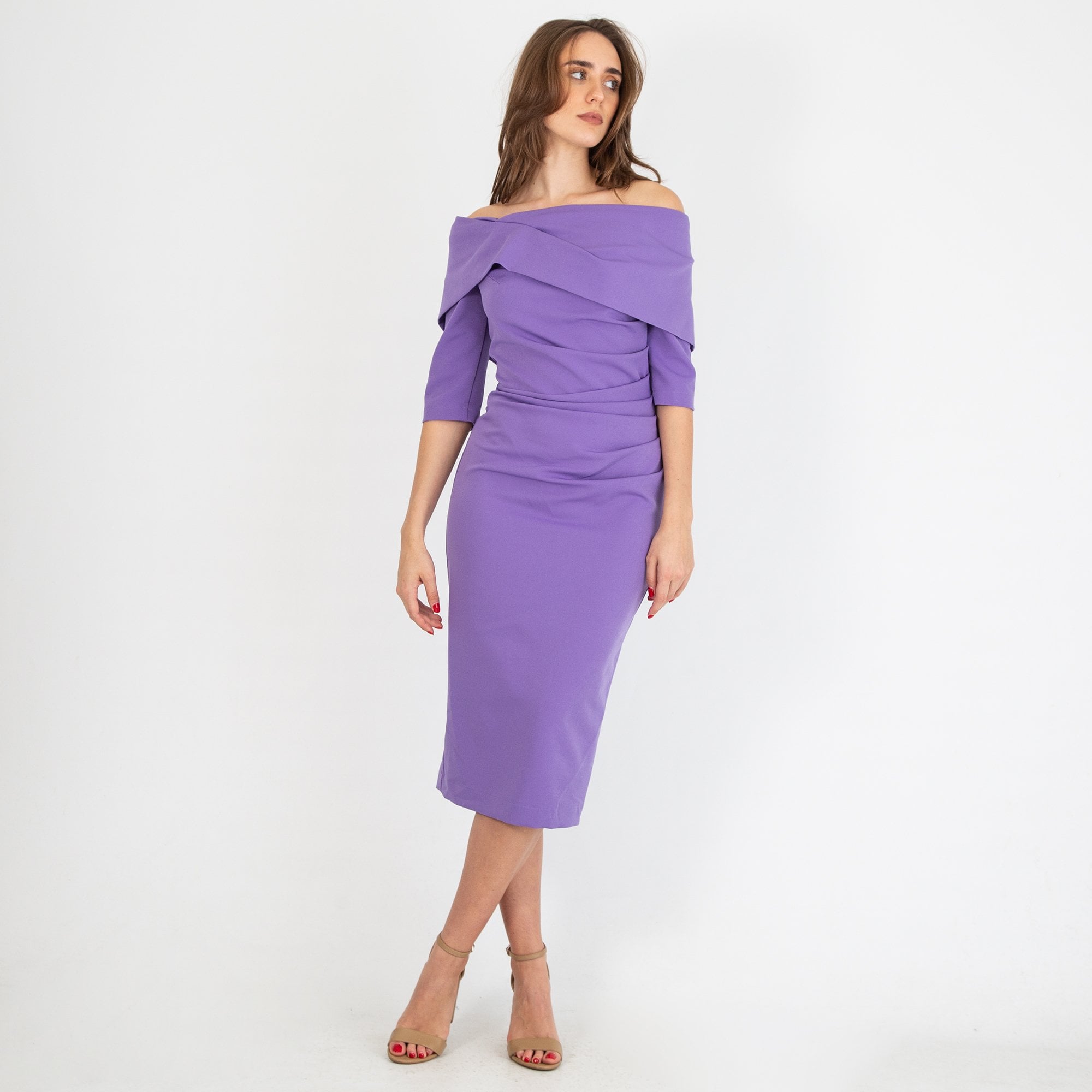Kevan Jon Coxon Bardot Ruched Pleat Back Fitted Knee Dress Lilac