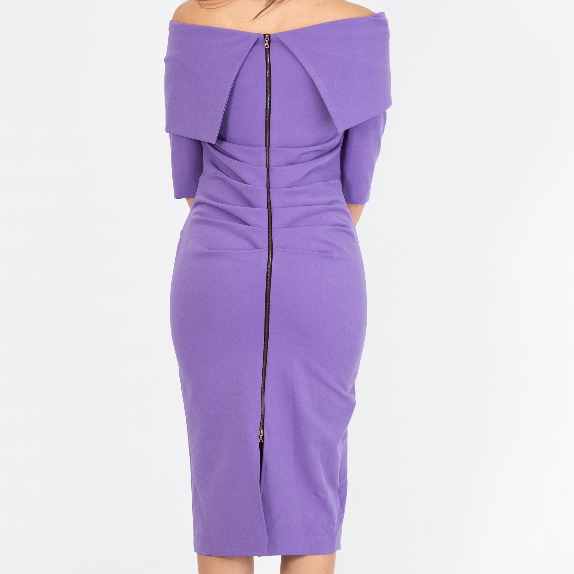Kevan Jon Coxon Bardot Ruched Pleat Back Fitted Knee Dress Lilac