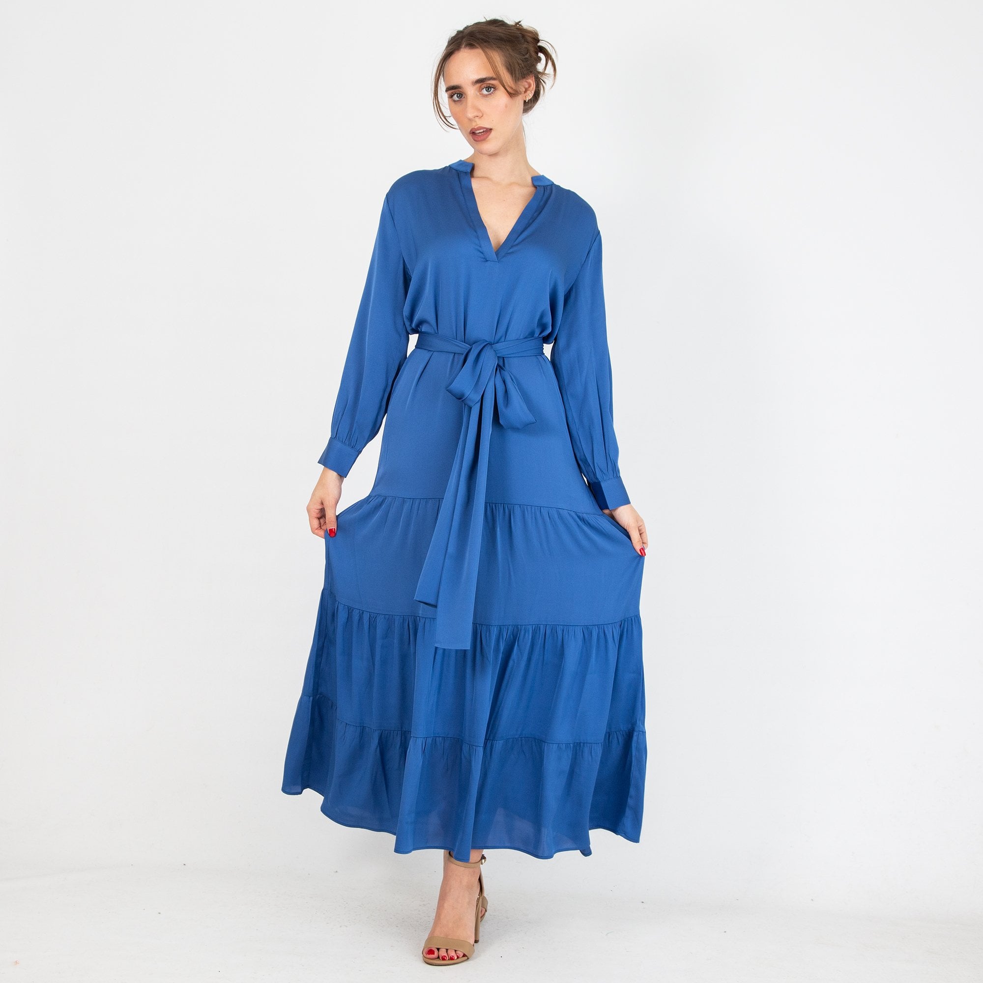 Silk95 Namibia V Neck Tiered Silk Dress Cobalt