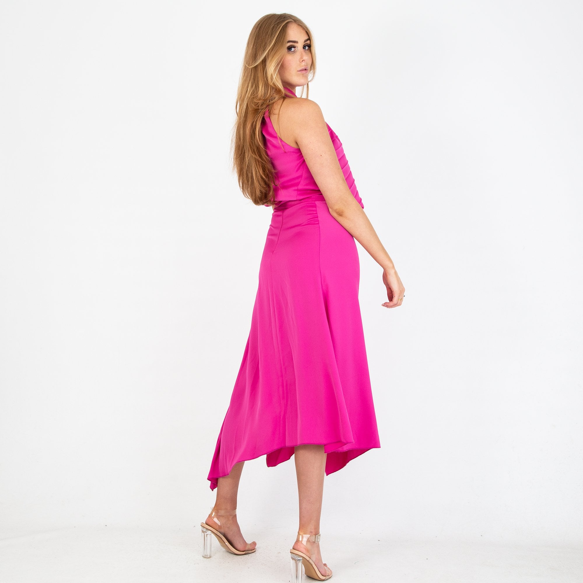 Kevan Jon Petra Halter Neck Pleat Knee Asymmetric Hem Satin Dress Fuchsia