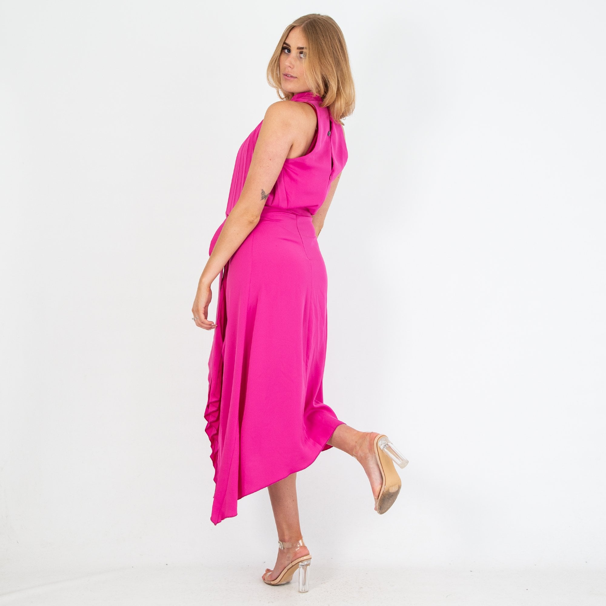 Kevan Jon Petra Halter Neck Pleat Knee Asymmetric Hem Satin Dress Fuchsia