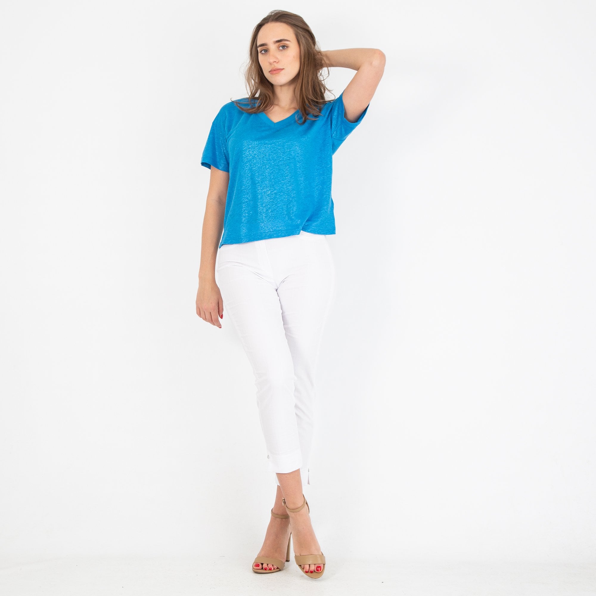 Mos Mosh Casa V Neck Soft Handle Shiny T-shirt Azure Blue