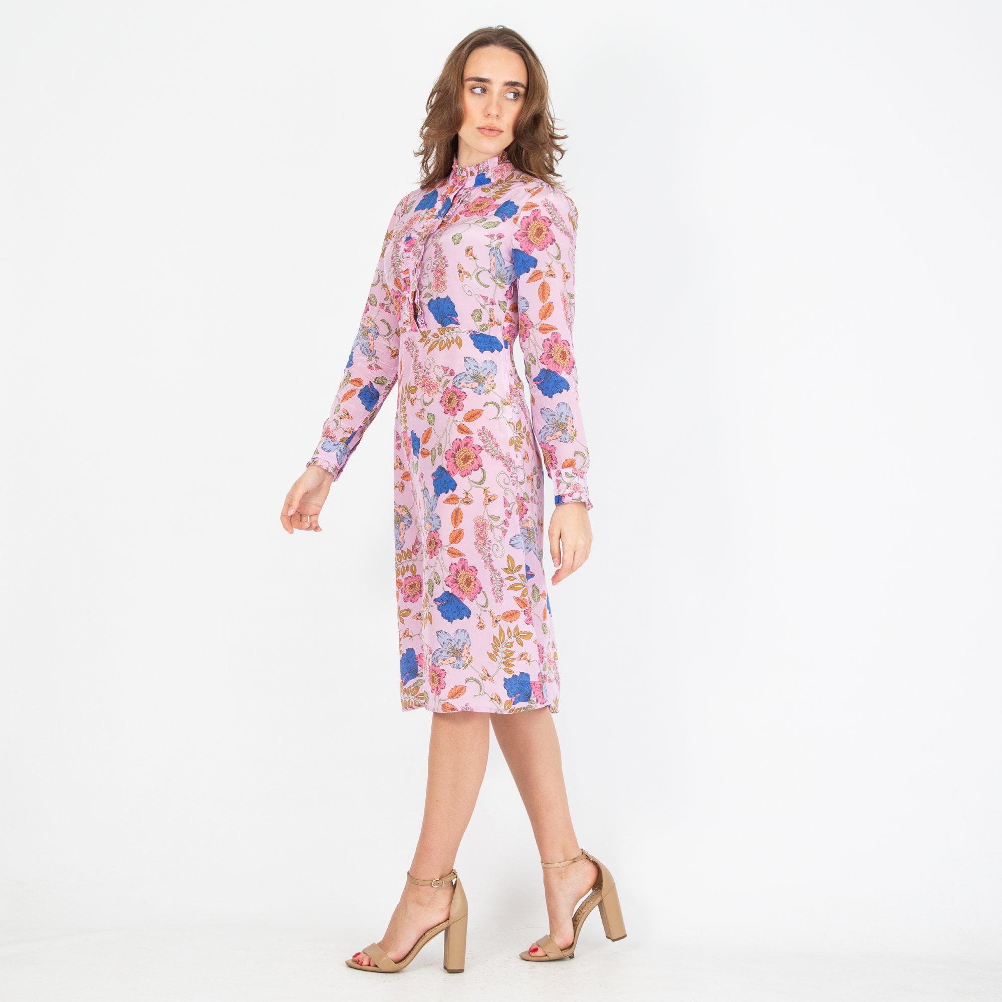 Charlotte Sparre Frill Front Floral Short A Line Dress Lilac Multi