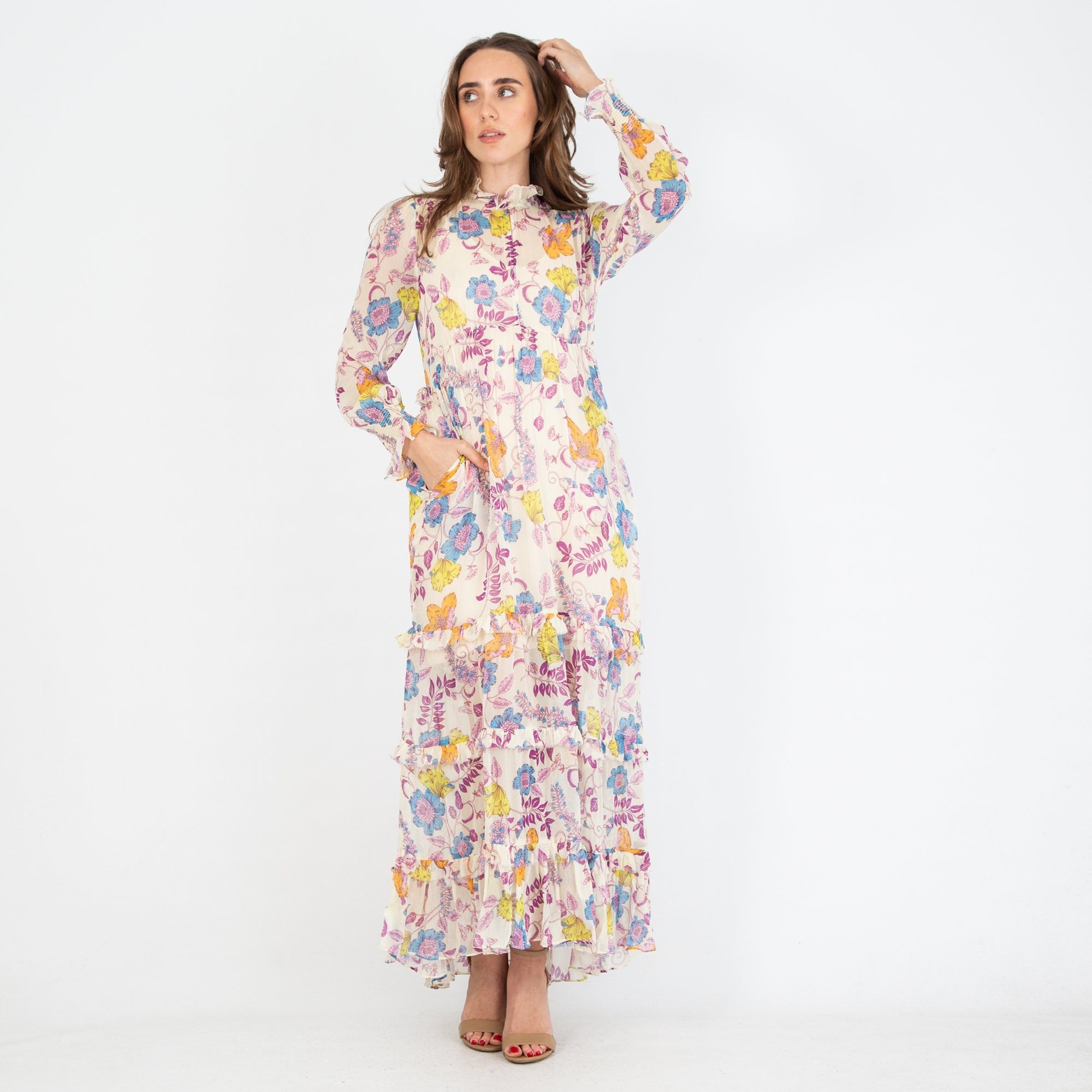 Charlotte Sparre Floral Chiffon Tiered Frill Flowing Dress Cream Multi