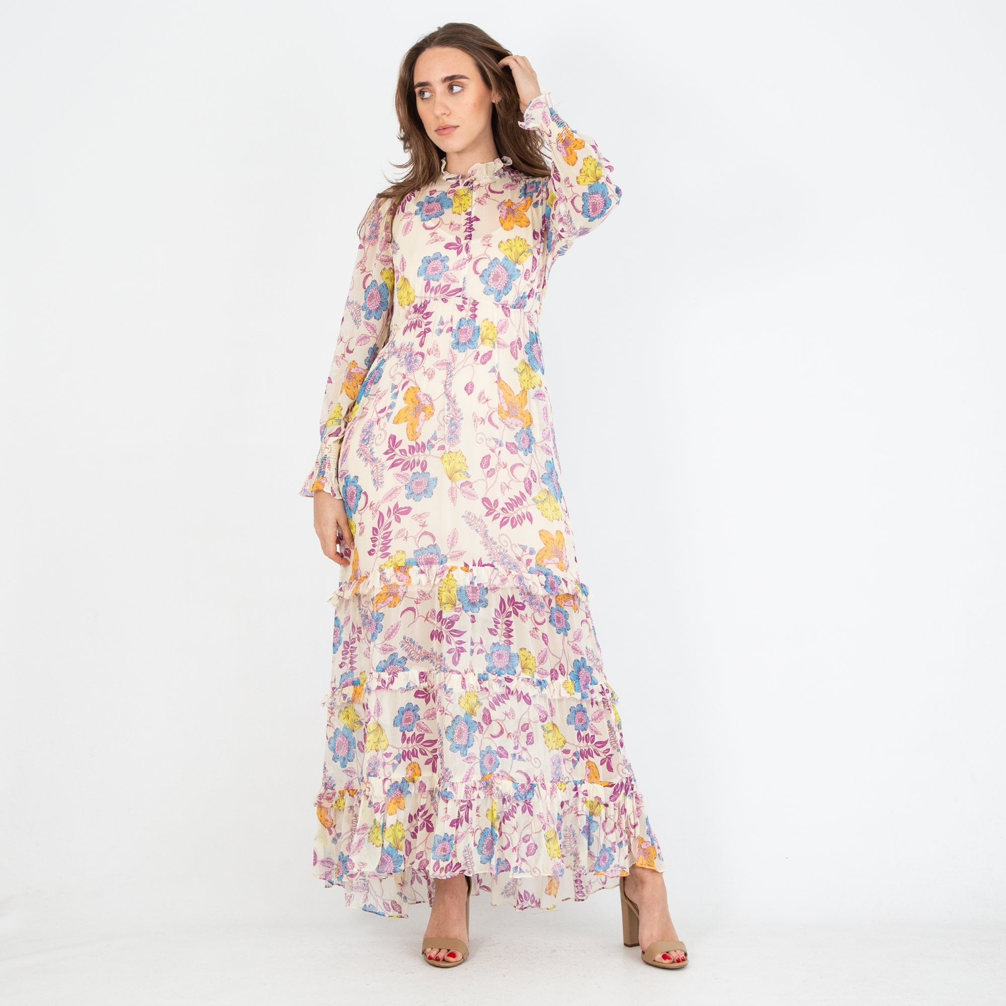 Charlotte Sparre Floral Chiffon Tiered Frill Flowing Dress Cream Multi