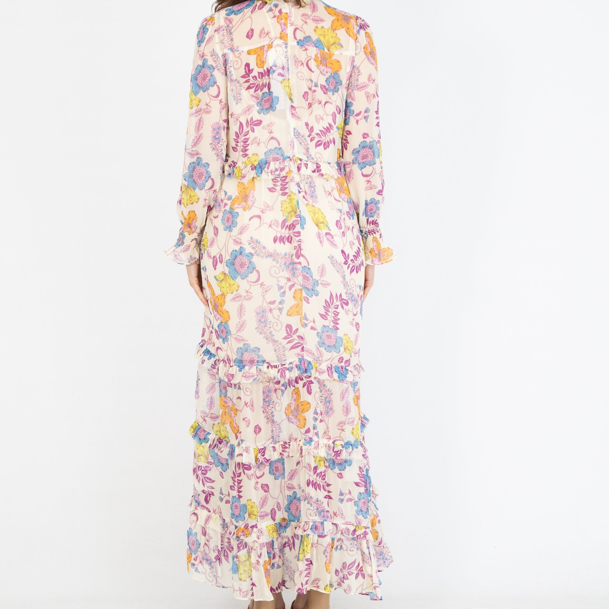 Charlotte Sparre Floral Chiffon Tiered Frill Flowing Dress Cream Multi