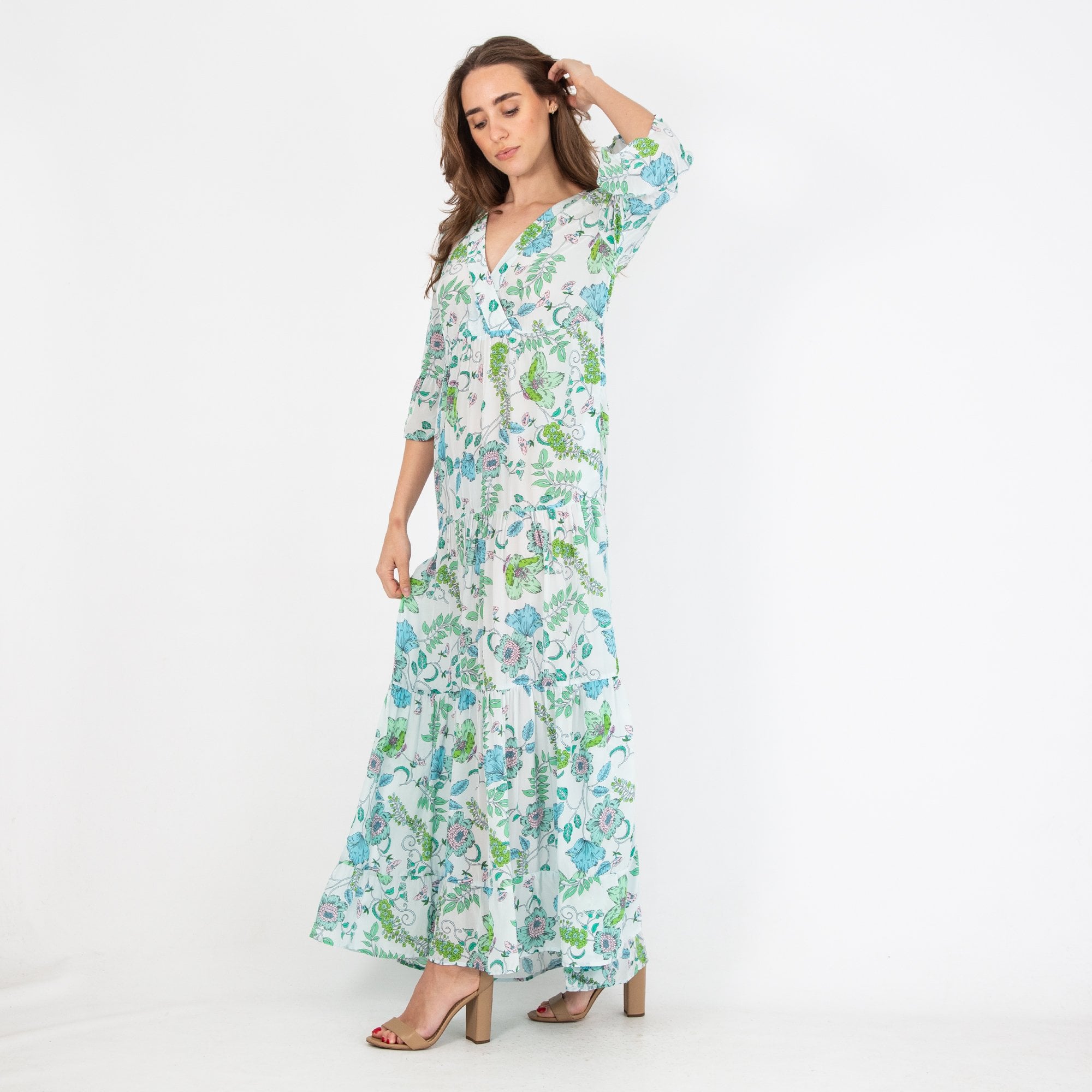 Charlotte Sparre Tiered V Neck Floral Print Maxi Dress Blue/green