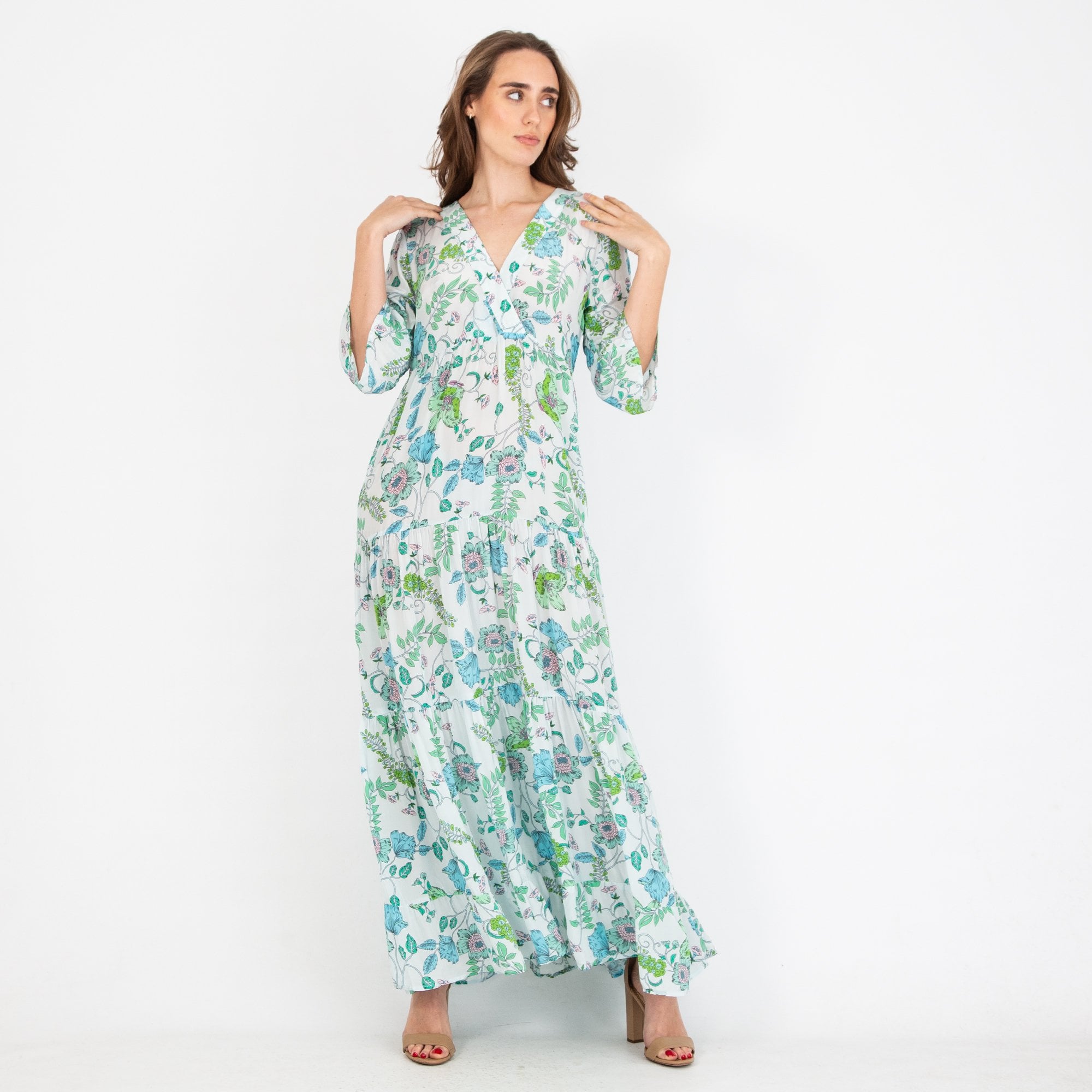 Charlotte Sparre Tiered V Neck Floral Print Maxi Dress Blue/green