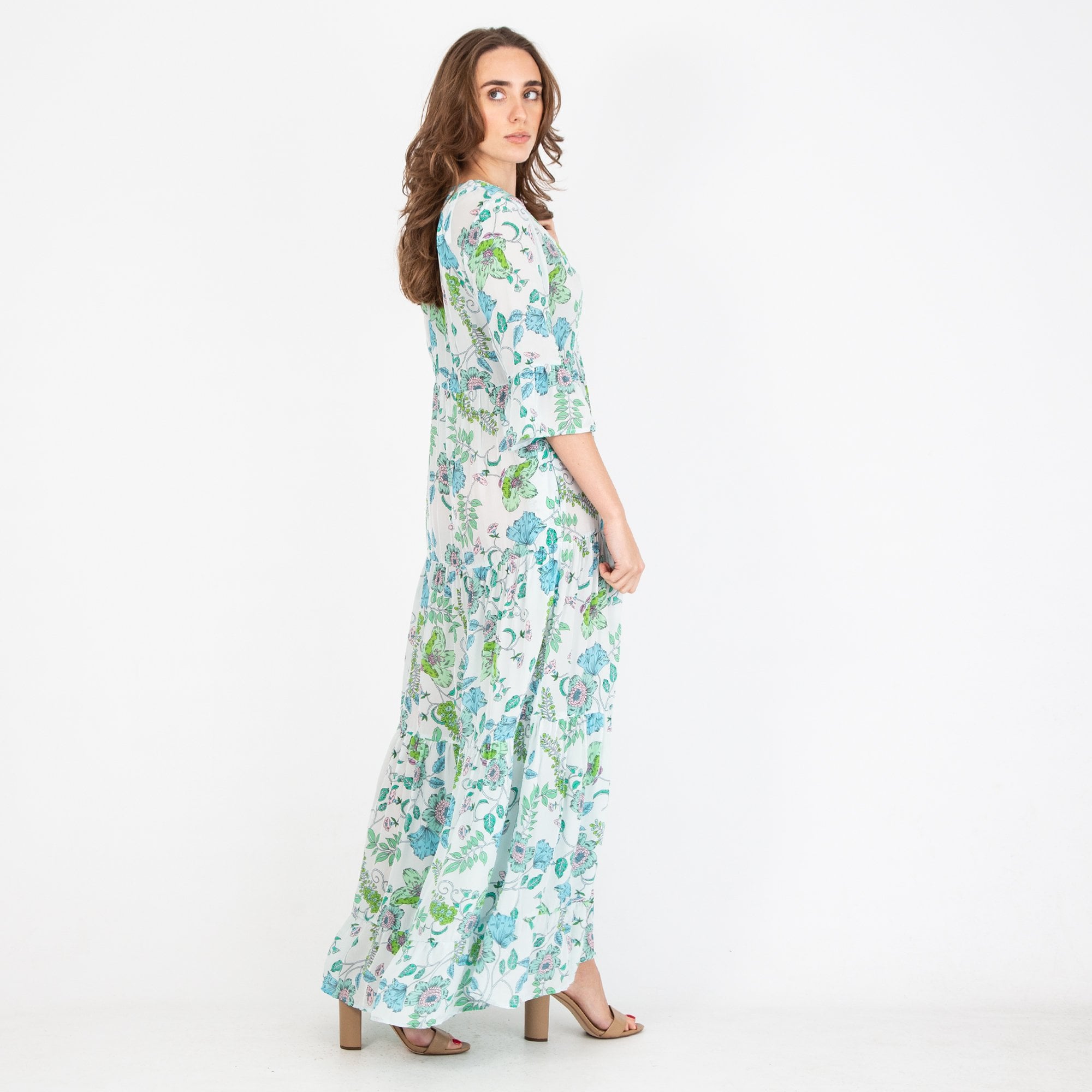 Charlotte Sparre Tiered V Neck Floral Print Maxi Dress Blue/green