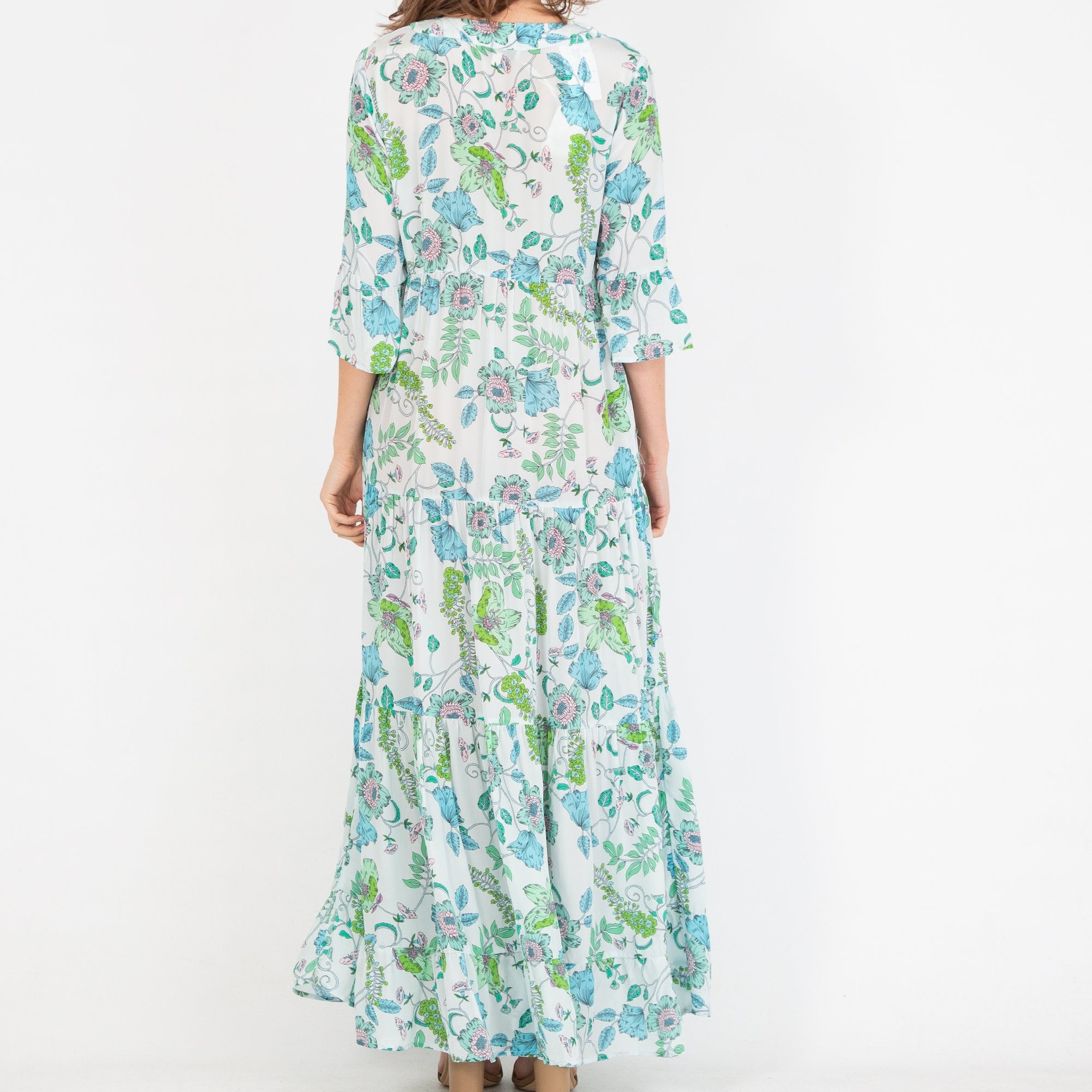 Charlotte Sparre Tiered V Neck Floral Print Maxi Dress Blue/green