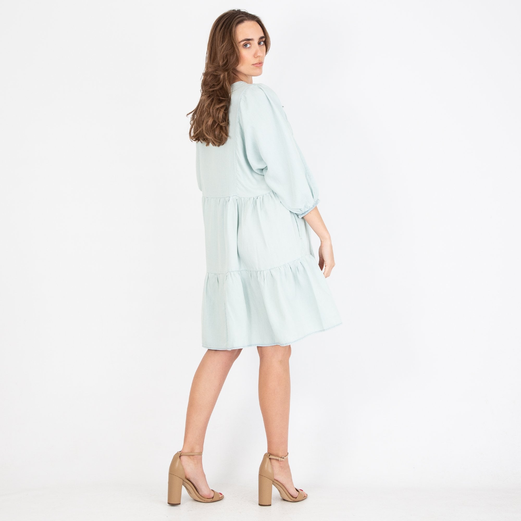 Oui Tiered Denim Dress With Balloon Sleeve Light Blue