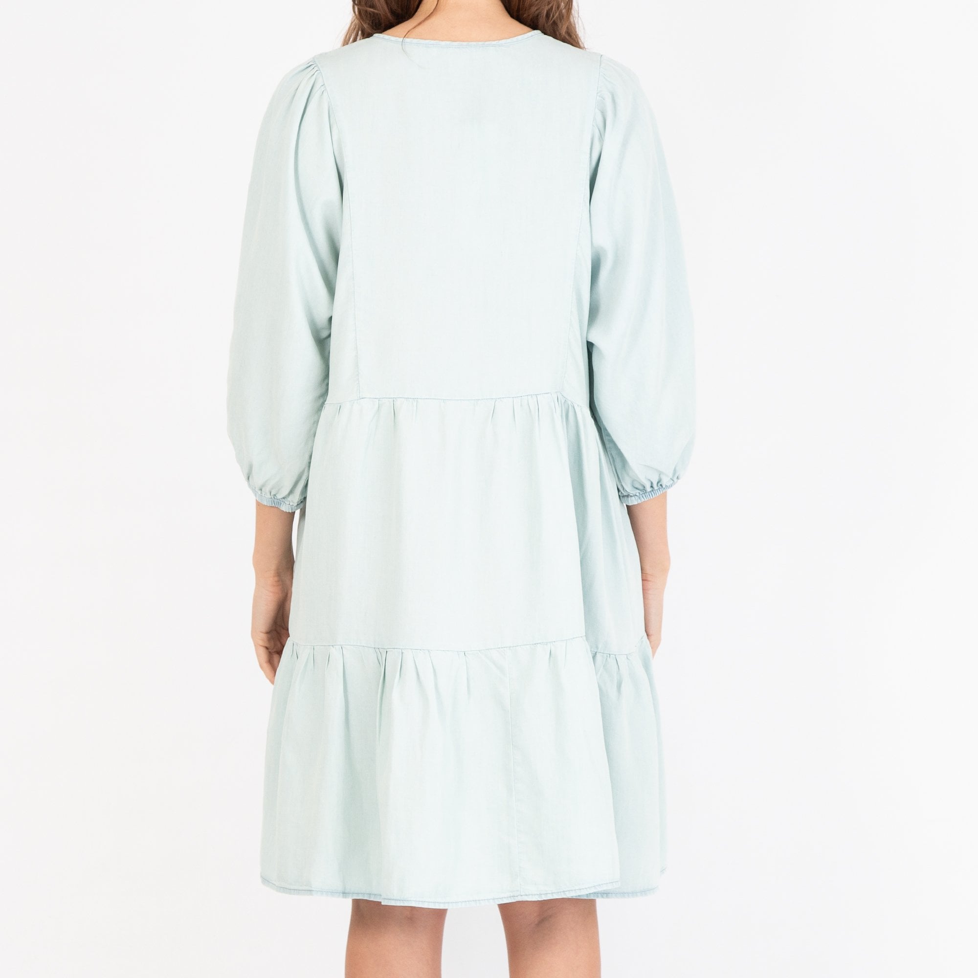 Oui Tiered Denim Dress With Balloon Sleeve Light Blue