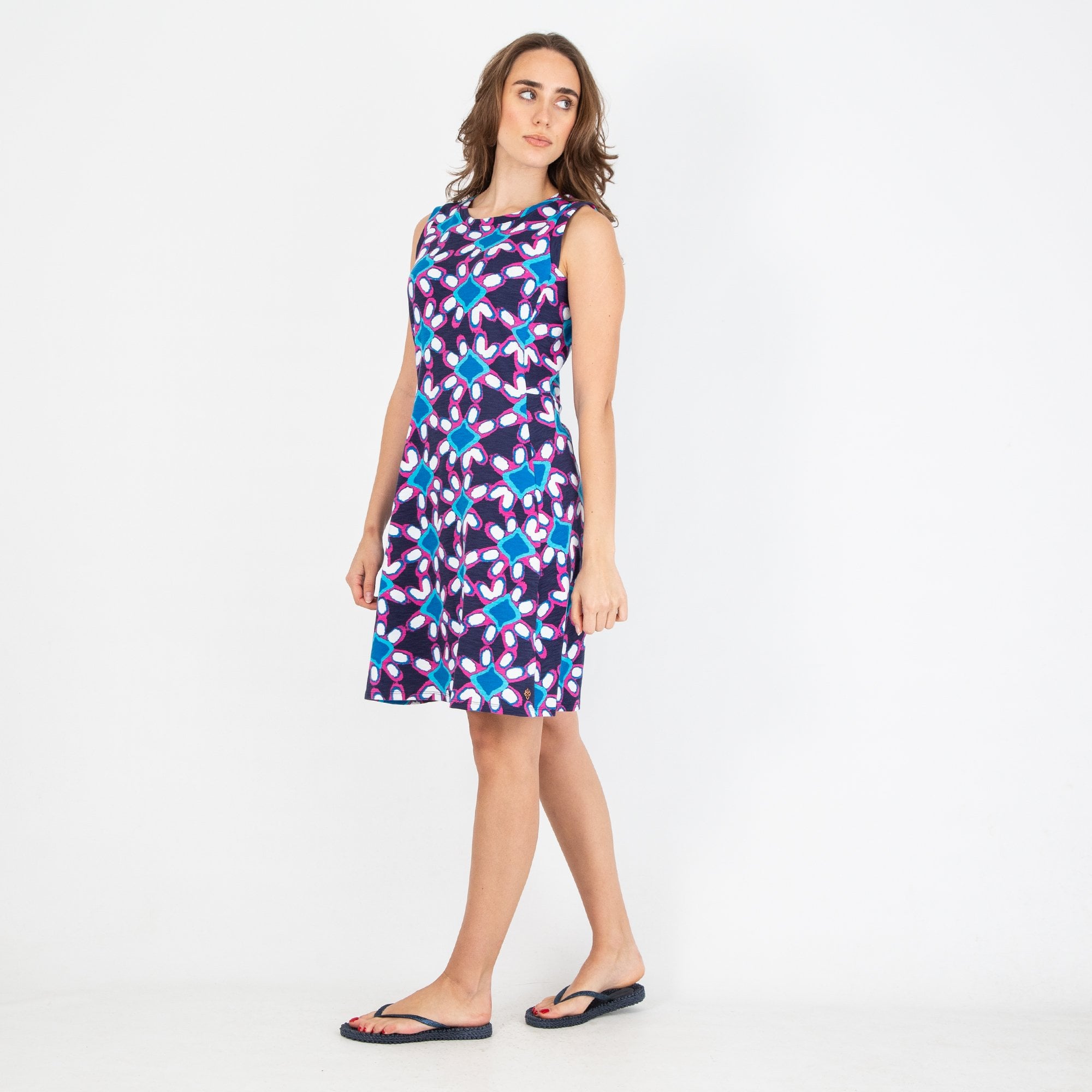 Hatley Sarah Sleeveless Abstract Print Fit And Flare Dress Navy/pink/white