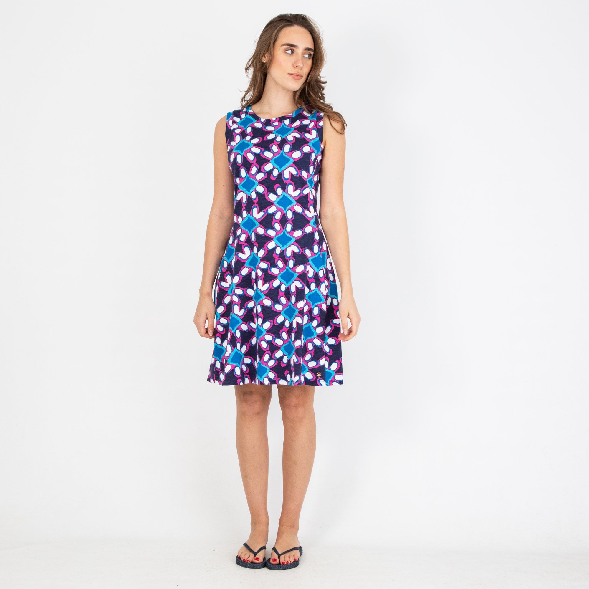 Hatley Sarah Sleeveless Abstract Print Fit And Flare Dress Navy/pink/white