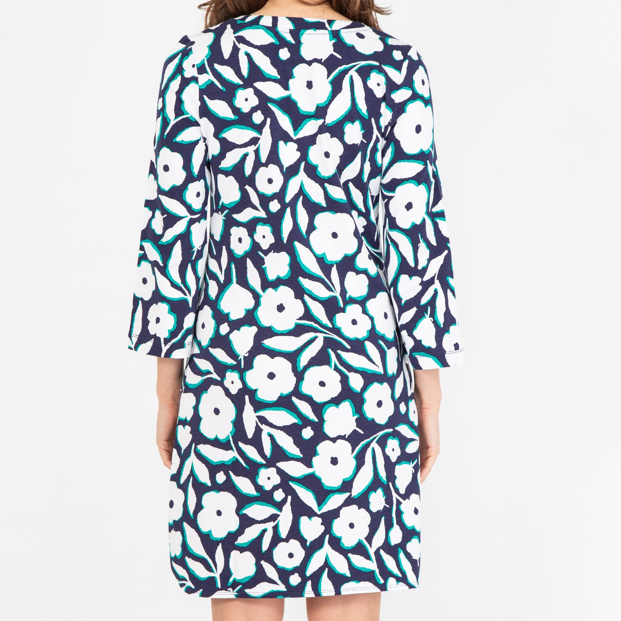 Hatley Ashley Curved V Neck Floral Print Stretch Dress White/Blue/Turquoise