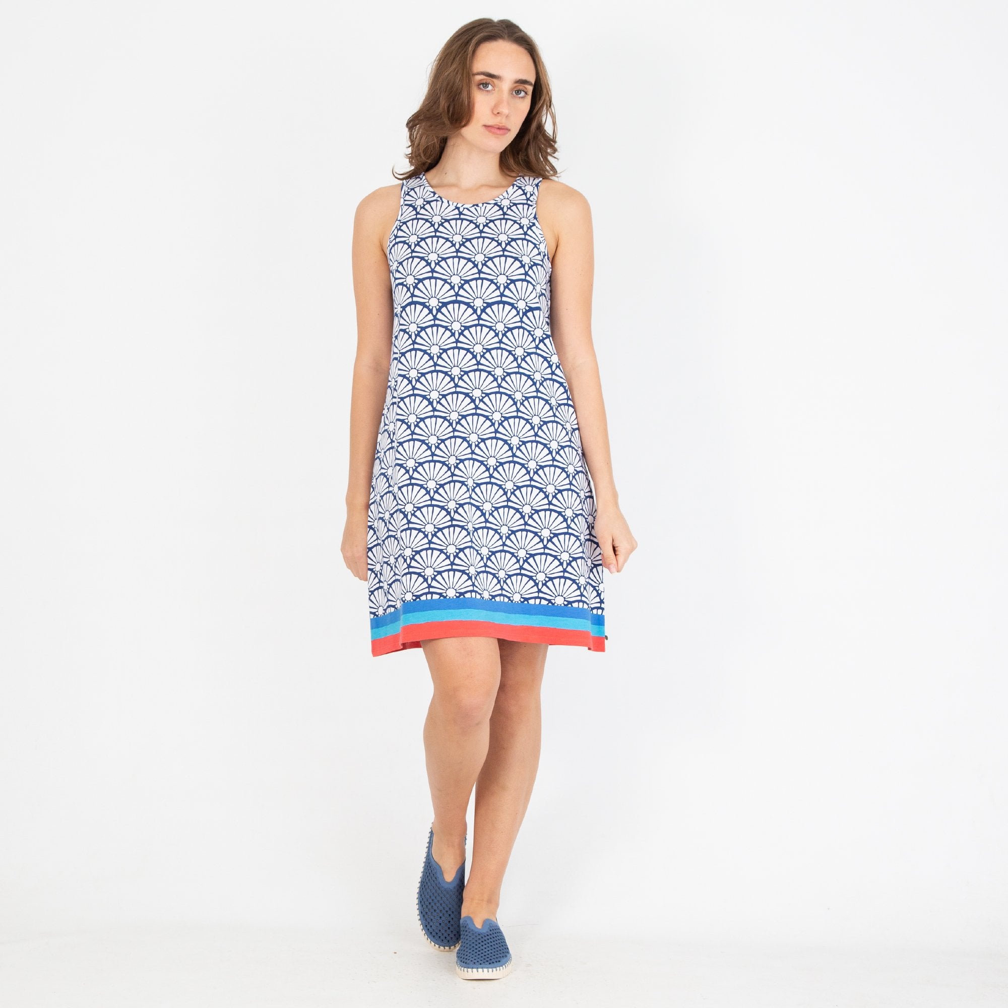 Hatley Bella Abstract Sun Print Tank Dress With Stripe Hem Blue/White/Red