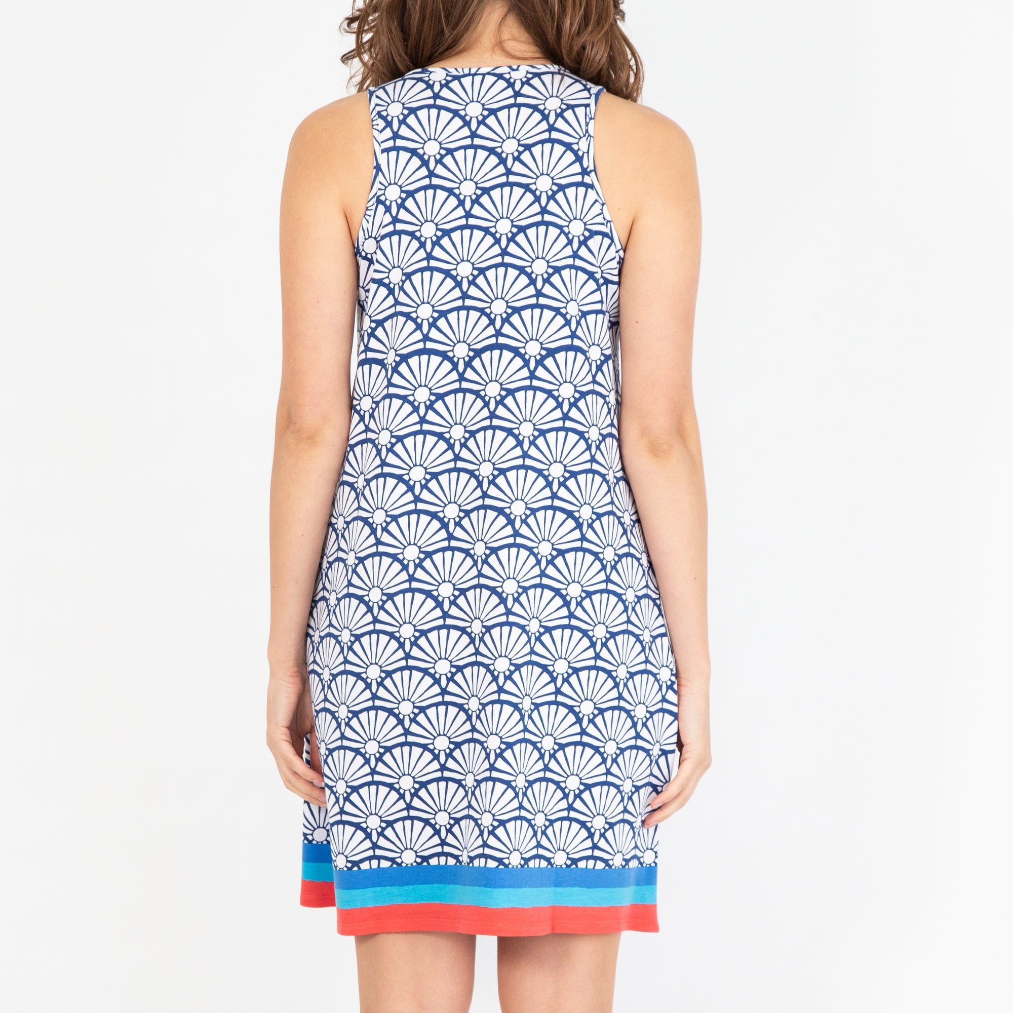 Hatley Bella Abstract Sun Print Tank Dress With Stripe Hem Blue/White/Red