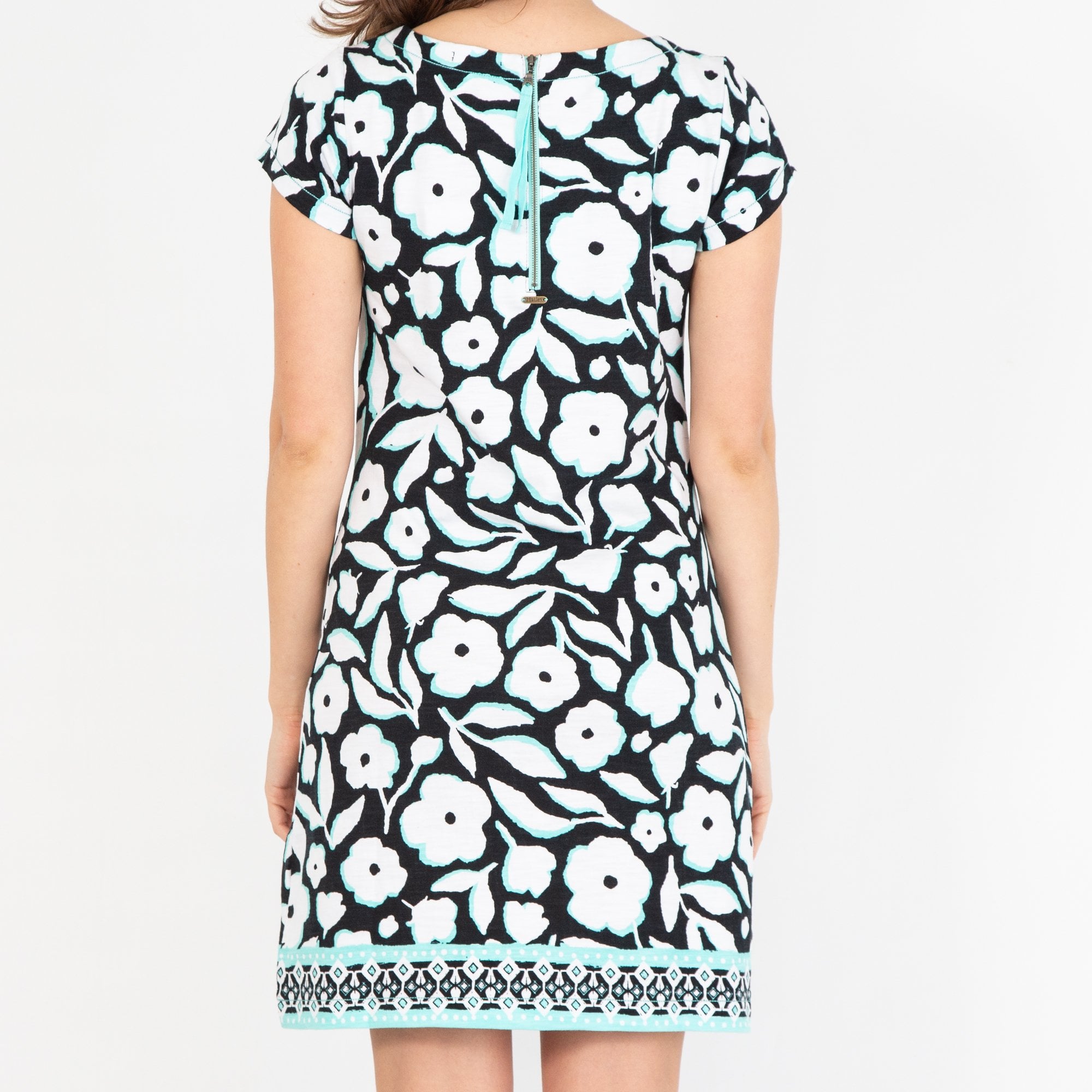 Hatley Nellie Floral Print Mini Dress With Stripe Hem & Zip White/Black/Mint