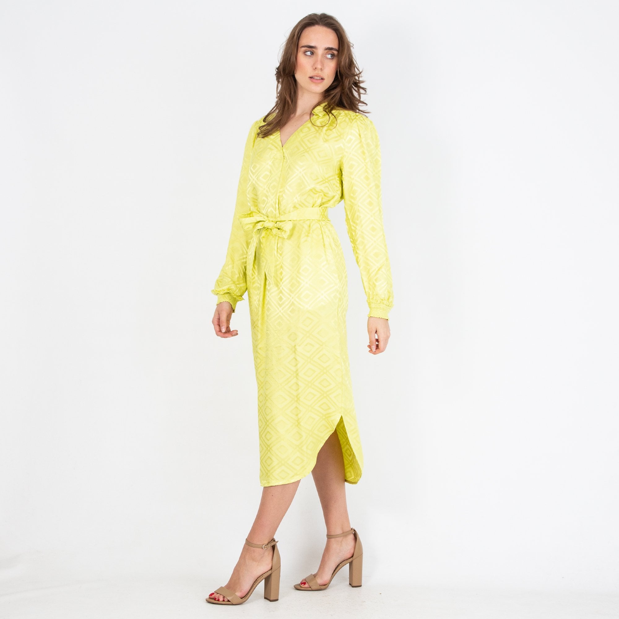 Mos Mosh Aldo Diamond Pattern Belted Dress Lime Yellow