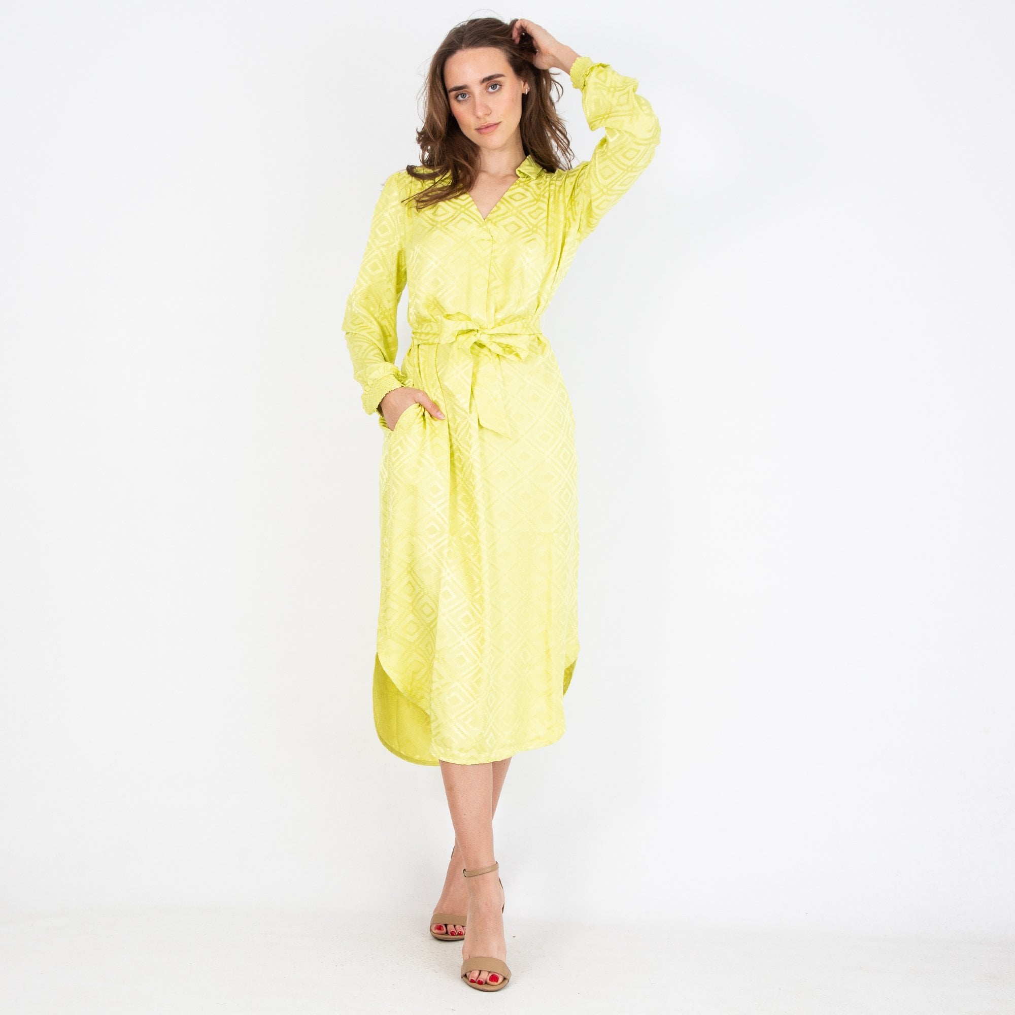 Mos Mosh Aldo Diamond Pattern Belted Dress Lime Yellow