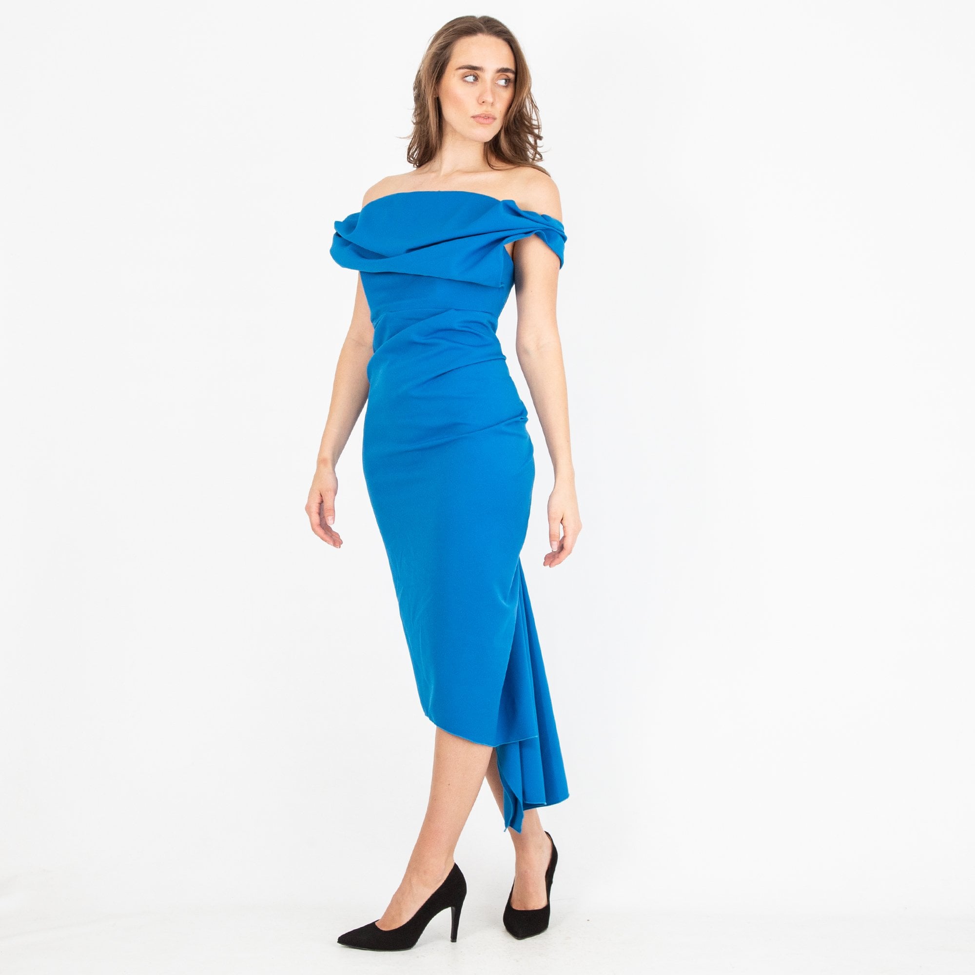 Kevan Jon Sian Ruched Bardot Fishtail Fitted Drape Dress Cobalt