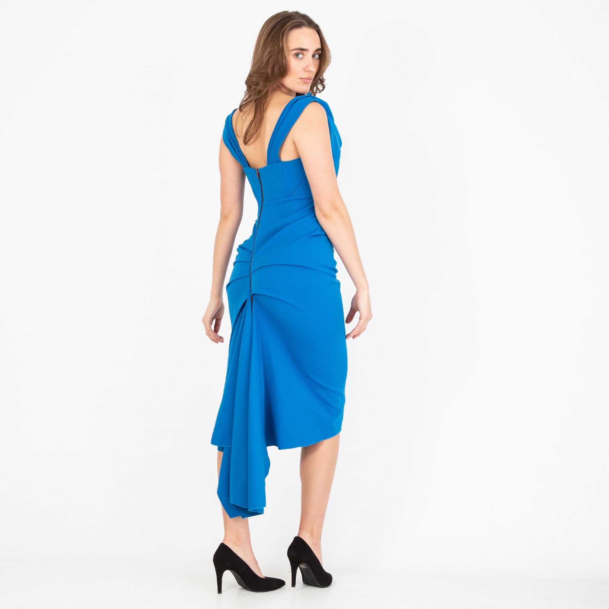 Kevan Jon Sian Ruched Bardot Fishtail Fitted Drape Dress Cobalt