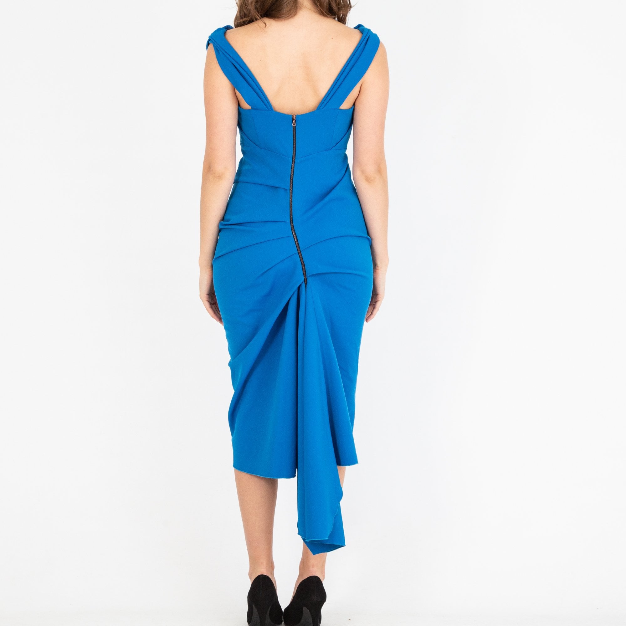 Kevan Jon Sian Ruched Bardot Fishtail Fitted Drape Dress Cobalt