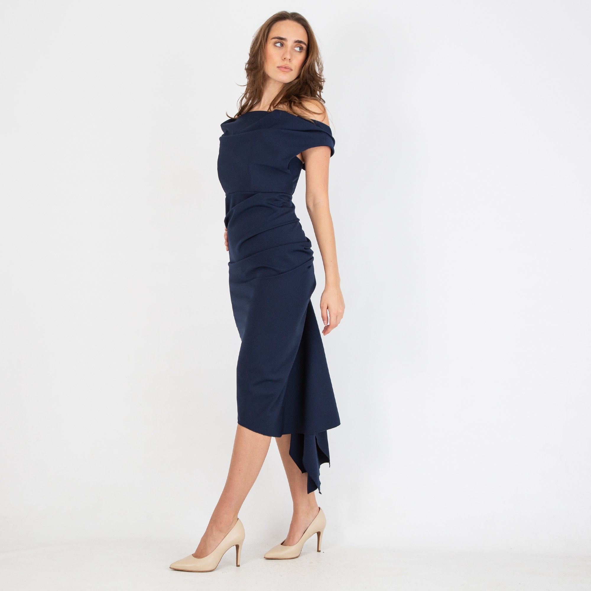 Kevan Jon Sian Ruched Bardot Fishtail Fitted Drape Dress Navy