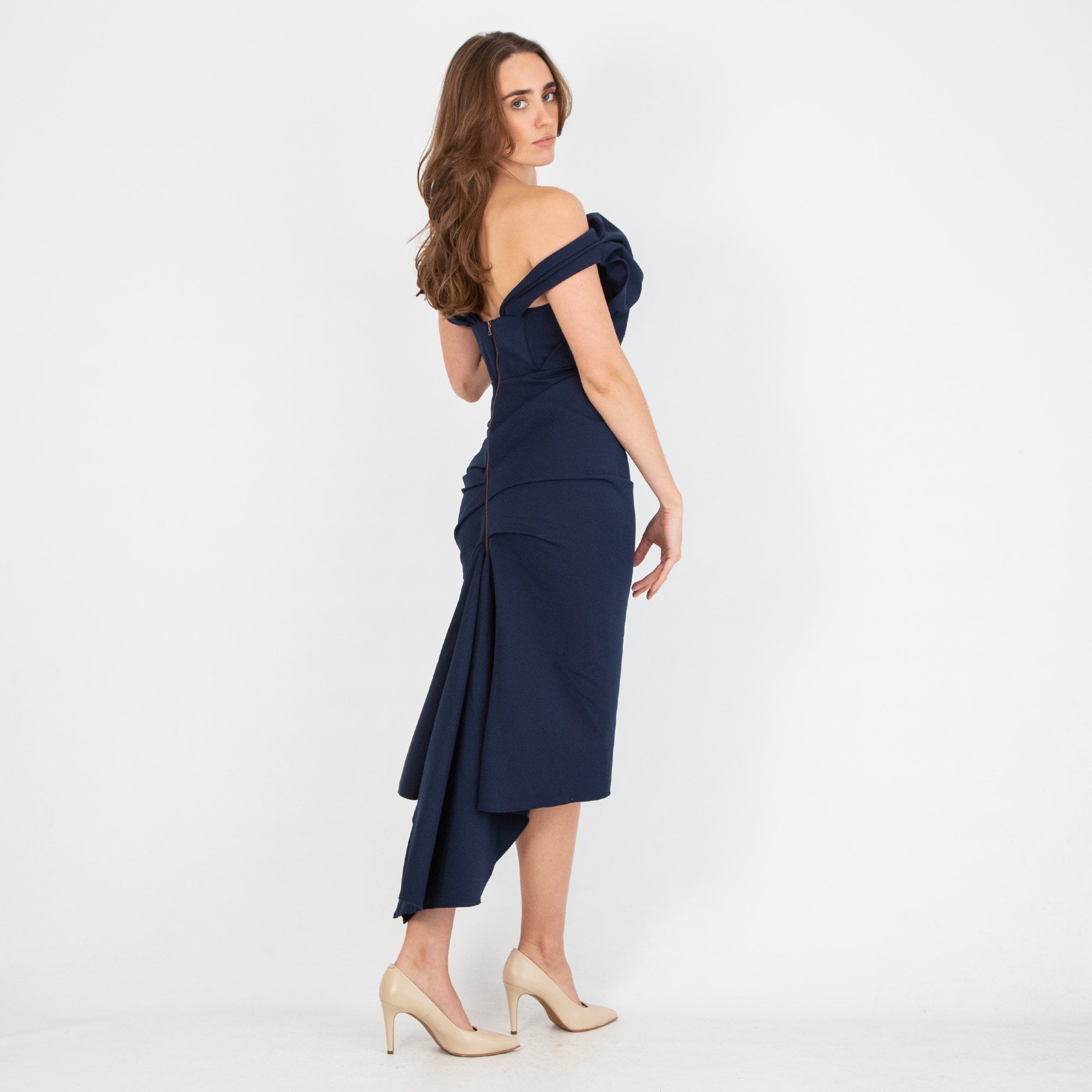 Kevan Jon Sian Ruched Bardot Fishtail Fitted Drape Dress Navy