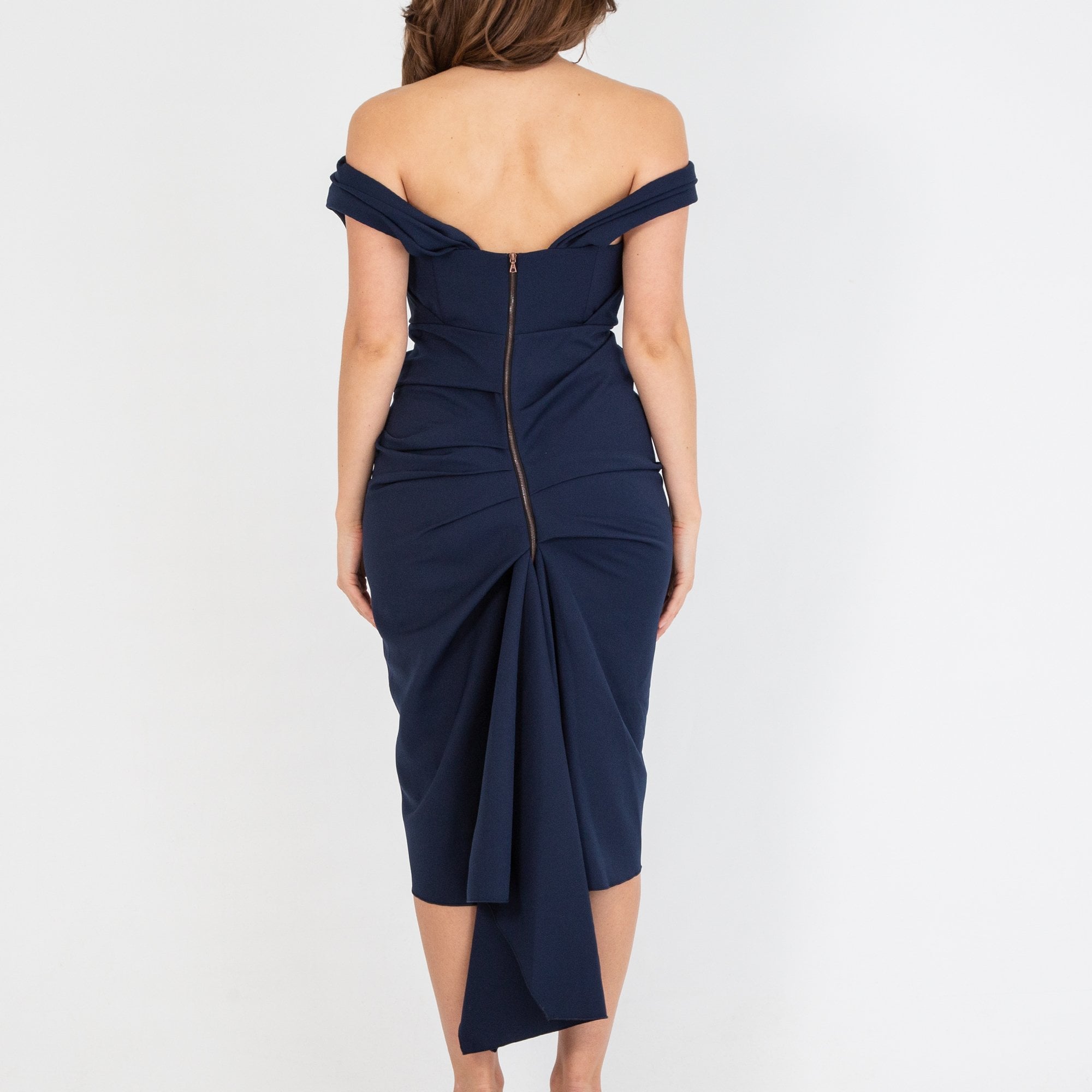 Kevan Jon Sian Ruched Bardot Fishtail Fitted Drape Dress Navy