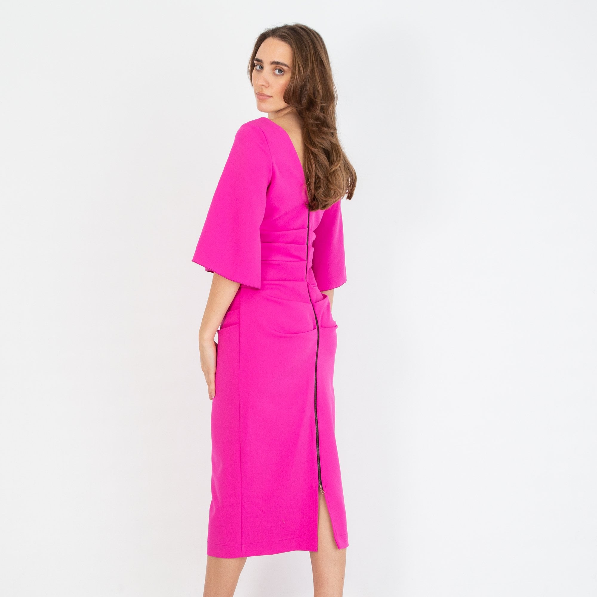 Kevan Jon Annika Flute Sleeve Zip Back Fitted Dress Fuchsia