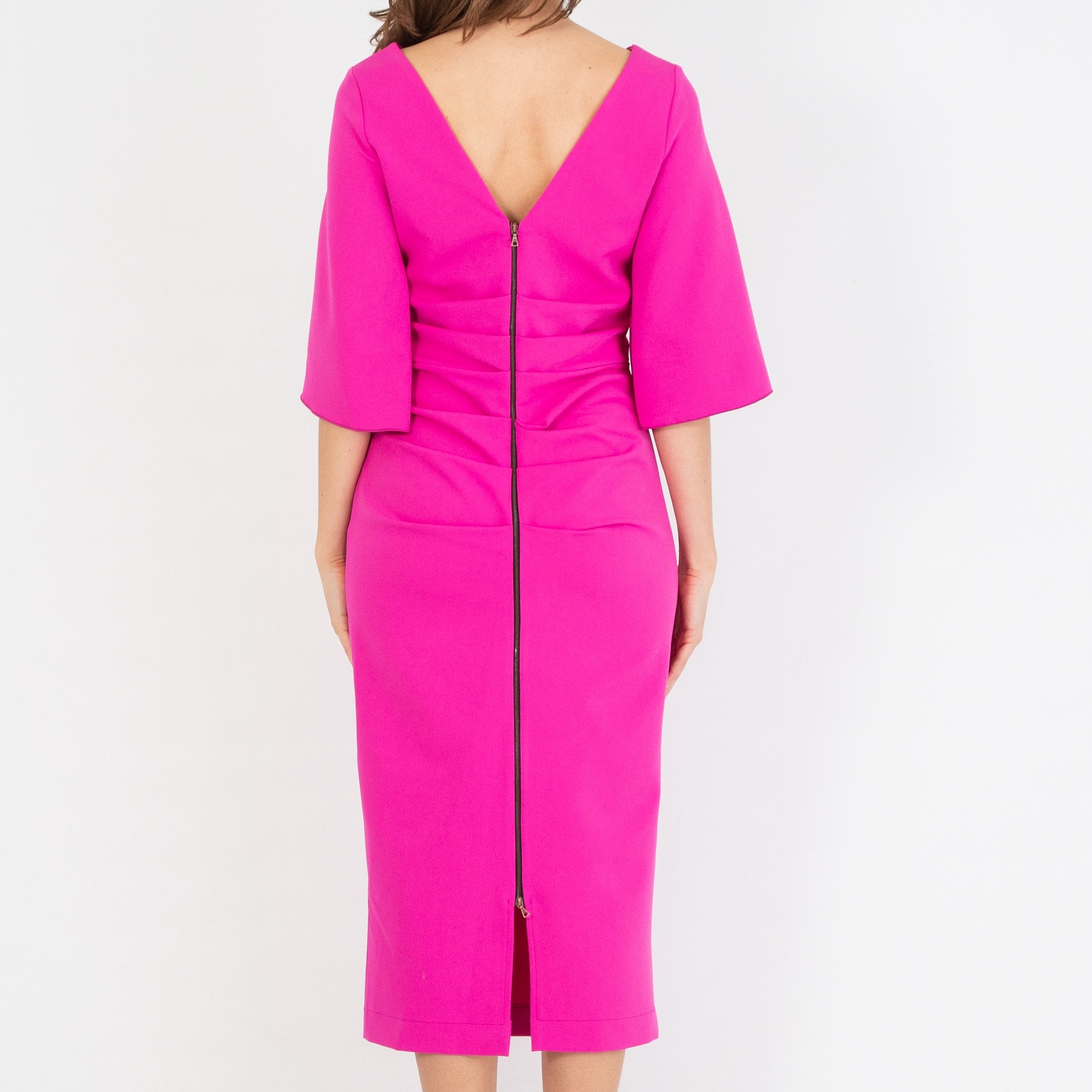 Kevan Jon Annika Flute Sleeve Zip Back Fitted Dress Fuchsia