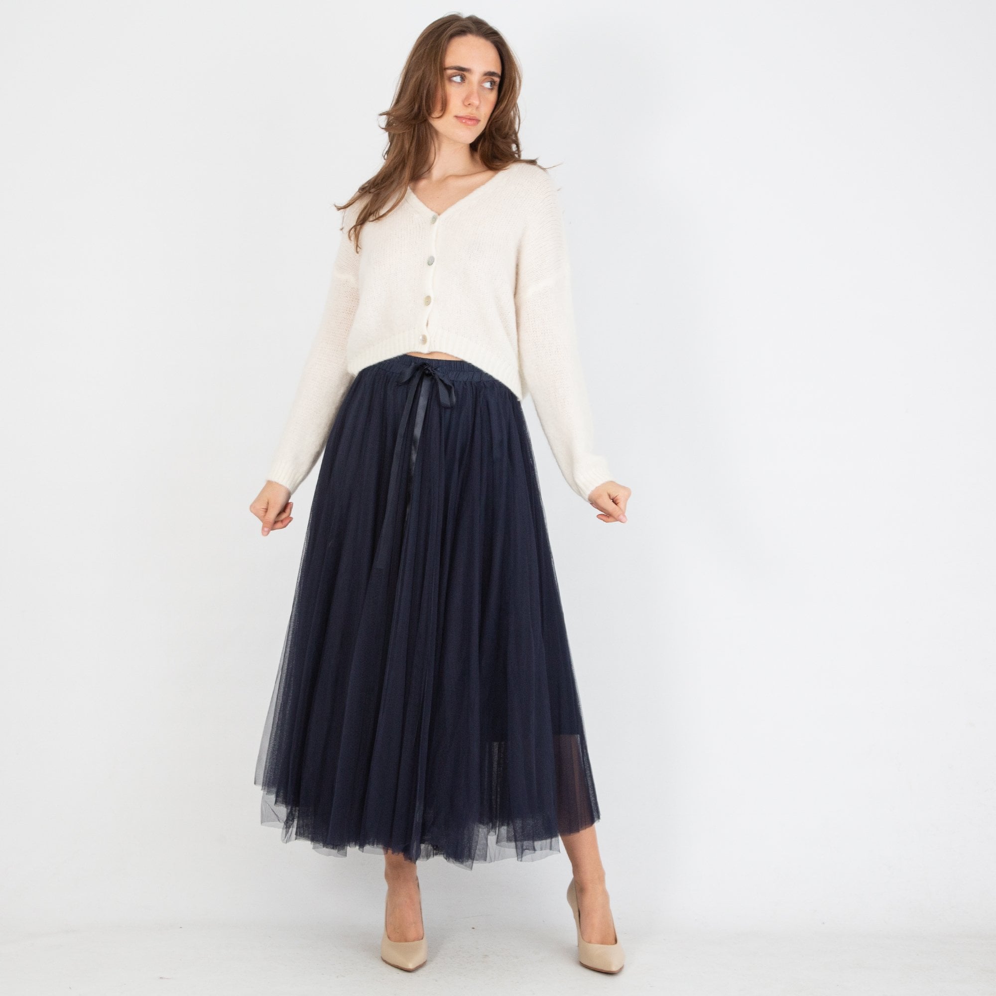 Chokolate Layered Mesh Skirt With Bow & Elastic Waist Navy