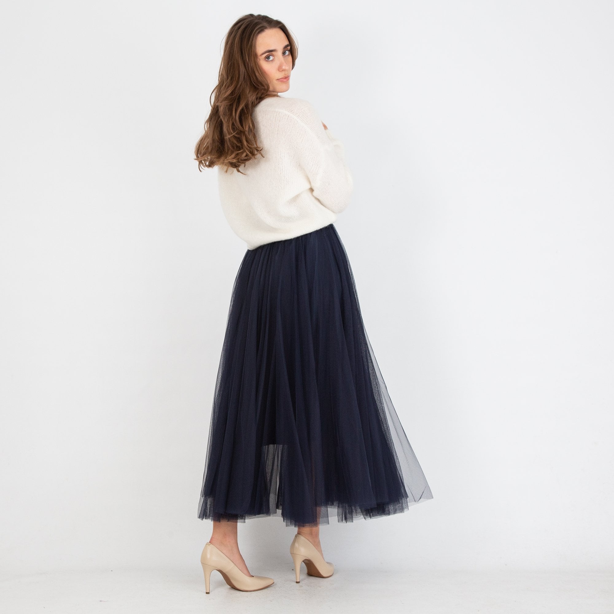 Chokolate Layered Mesh Skirt With Bow & Elastic Waist Navy