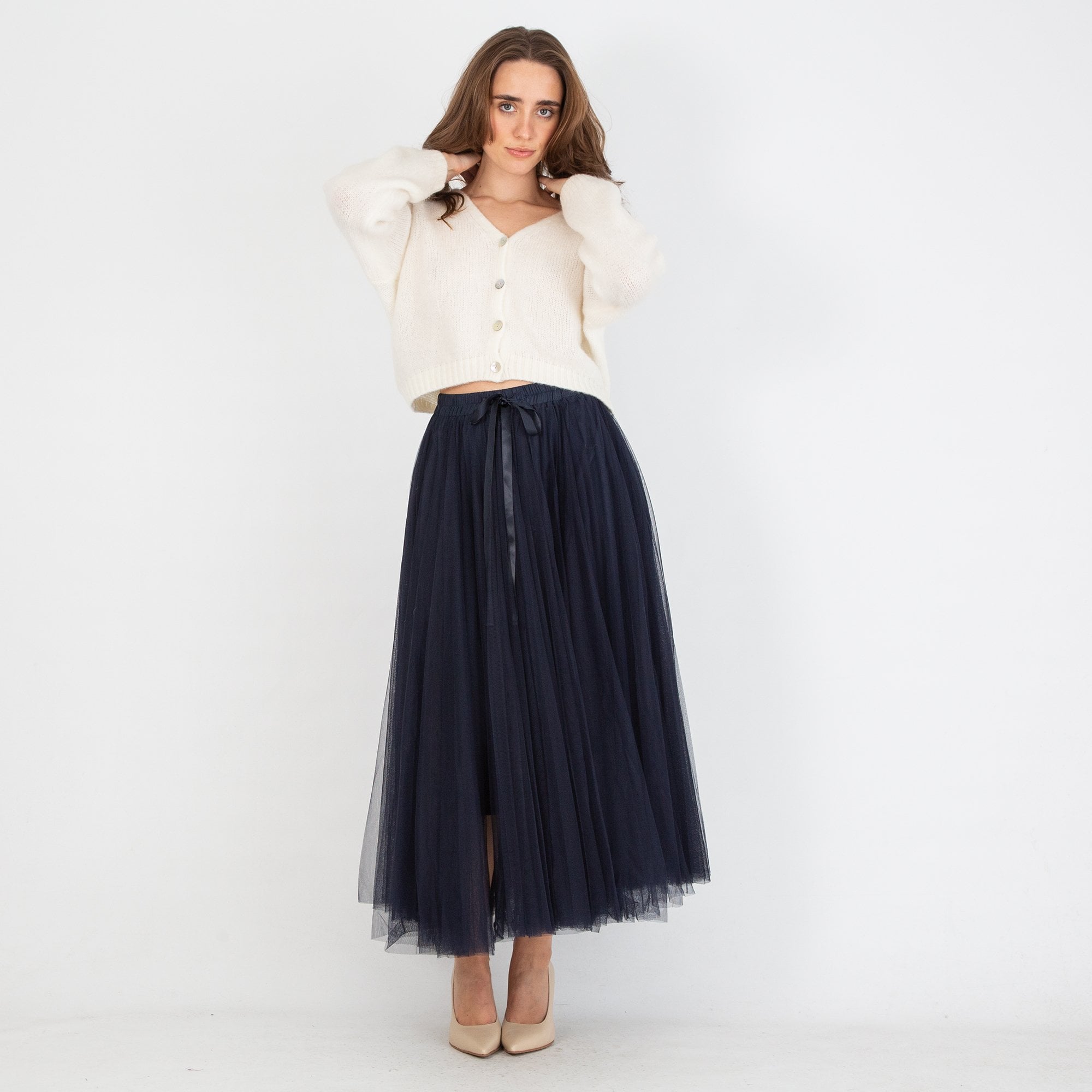 Chokolate Layered Mesh Skirt With Bow & Elastic Waist Navy